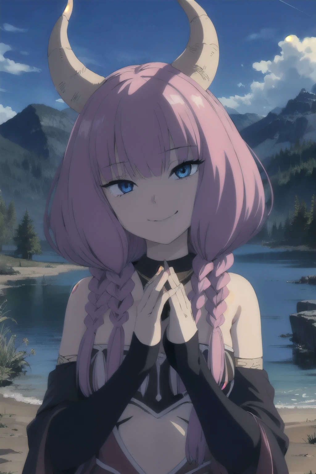 solo,grin,
TheGuillotineAura,1girl,
multiple braids,demon horns,
bare shoulders,
nature,sunshine,midday,mountain,sky,lake, BREAK (masterpiece:1.2), best quality, high resolution, unity 8k wallpaper, (illustration:0.8), (beautiful detailed eyes:1.6), extremely detailed face, perfect lighting, extremely detailed CG, (perfect hands, perfect anatomy),