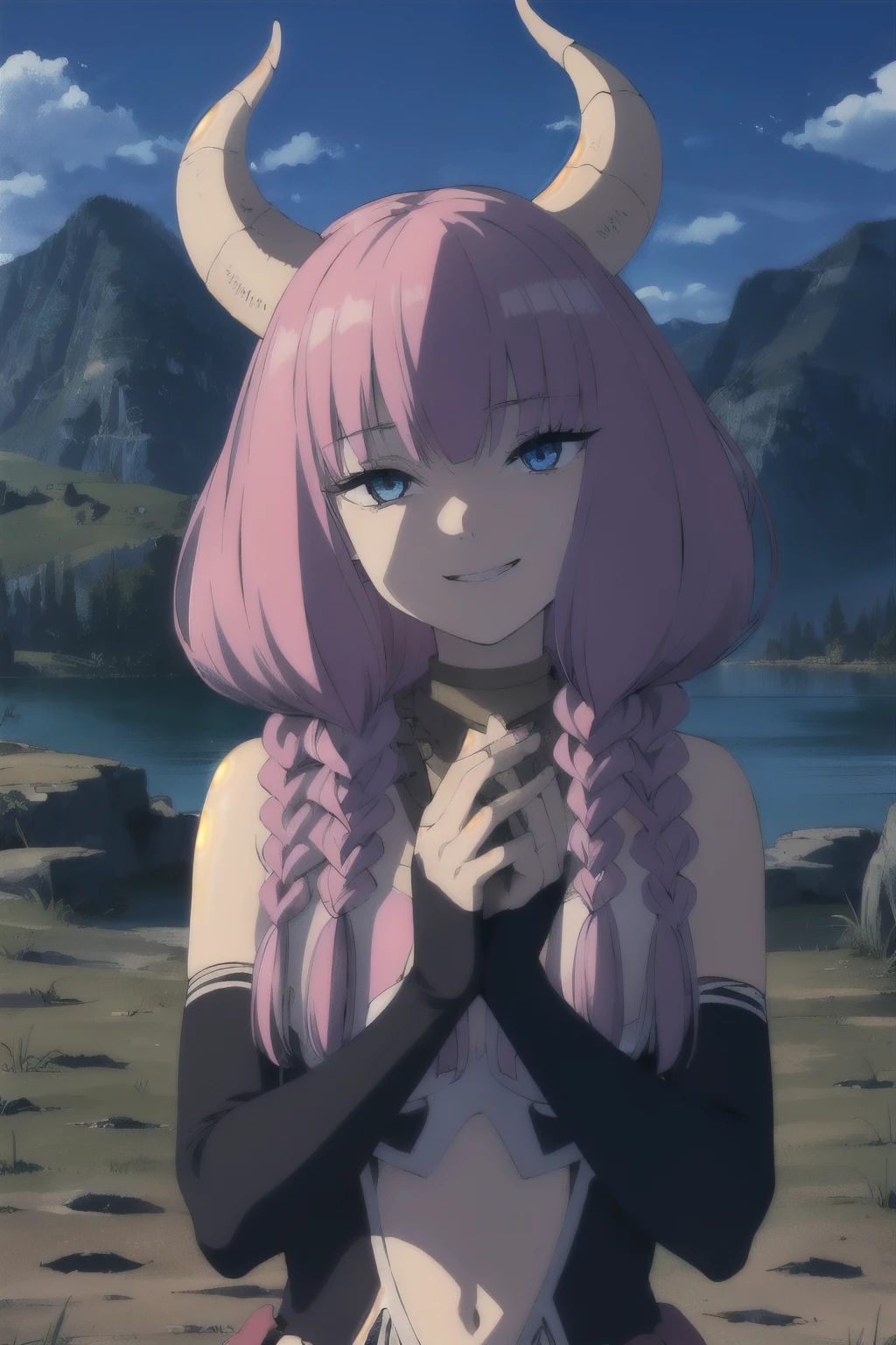 solo,grin,
TheGuillotineAura,1girl,
multiple braids,demon horns,
bare shoulders,
nature,sunshine,midday,mountain,sky,lake, BREAK (masterpiece:1.2), best quality, high resolution, unity 8k wallpaper, (illustration:0.8), (beautiful detailed eyes:1.6), extremely detailed face, perfect lighting, extremely detailed CG, (perfect hands, perfect anatomy),