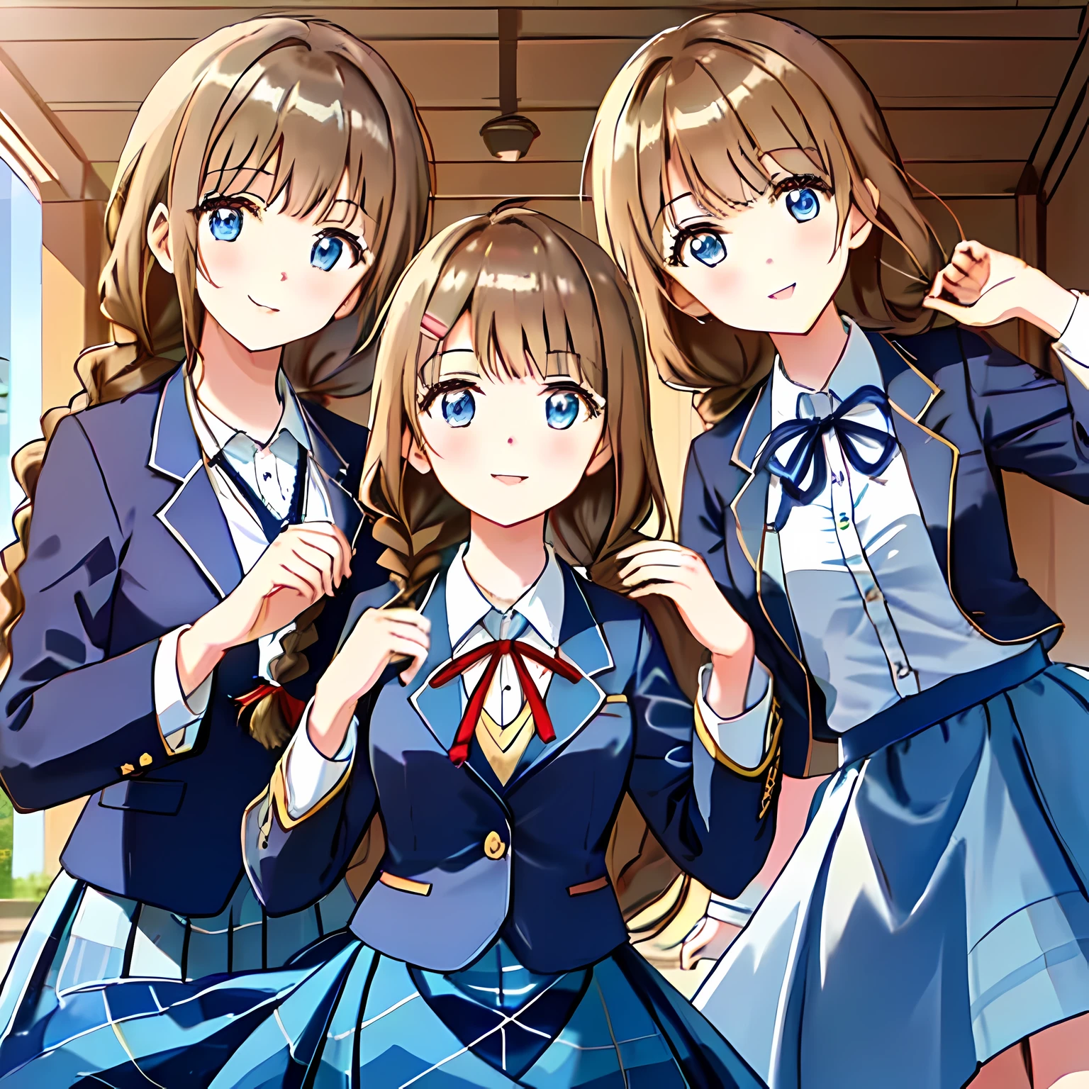 highest quality, (masterpiece:1.2), very detailed, Three girls are looking down on the lying viewer from above and below.., Glossy lips that make you want to kiss, nice smile, ((Cute big blue eyes)), (((dark brown hair))), 18-year-old, big shiny hair clip, school uniform, ((dark blue blazer)), ((very big blue school ribbon)), laughter、bright look、Both face and hair catch the light and shine, The corners of the eyes are drooping, The expression of a maiden in love, (((twin braid hairstyle))), A gentle and cute expression staring at the viewer, double eyelid, The background is the ceiling of the temple, round face, The ribbon on the chest is so cute, ((shot from below)), ((The eyes are very detailed))