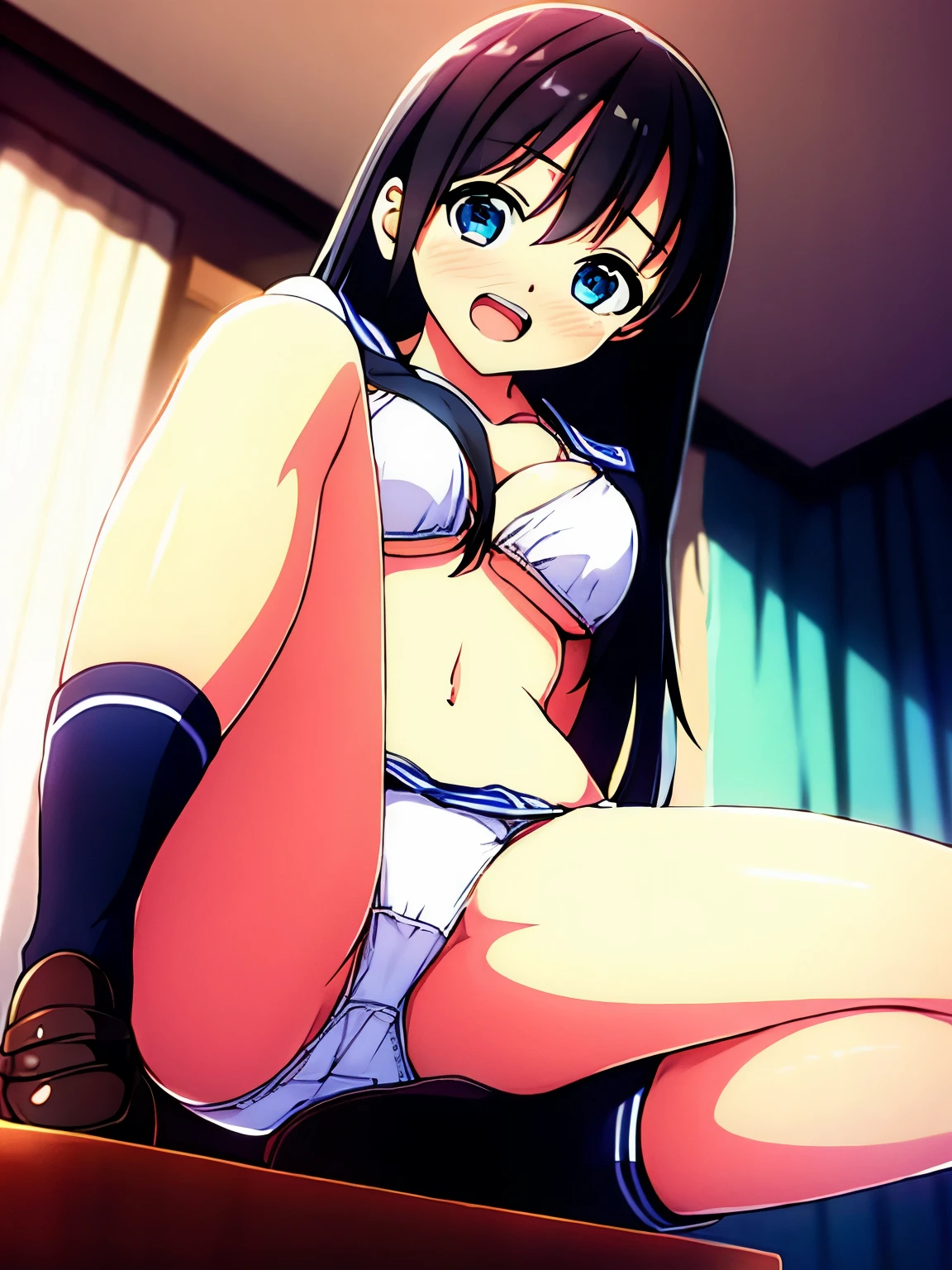 1 girl, Best quality, ultra high resolution, long hair, black hair, blue eyes, looking at the audience, small breasts, Permanently installed, leave, slim Body, Body, , Smile, open mouth, OK, white OK, (((bikini))), (((white bikini))), bedroom, sheet, white sheet,, akebi komichi, (blue eyes:1.5), hair between eyes, long hair, one side up, red hair,
BREAK black footwear, black skirt, purple sailor collar, pleated skirt, sailor collar, school uniform, shoes, short sleeves, roubaigakuen high school uniform, skirt,,
BREAK looking at viewer,
BREAK indoors, classroom,
BREAK (masterpiece:1.2), best quality, high resolution, unity 8k wallpaper, (illustration:0.8), (beautiful detailed eyes:1.6), extremely detailed face, perfect lighting, extremely detailed CG, (perfect hands, perfect anatomy),(white panties:1.5), (short, tiny, little:1.2), (spread legs, open legs, knee up:1.3), groin, perineum, leaning back, body tilt, shy, blush, embarrassed, arms behind back, cowboy shot, dutch angle,
