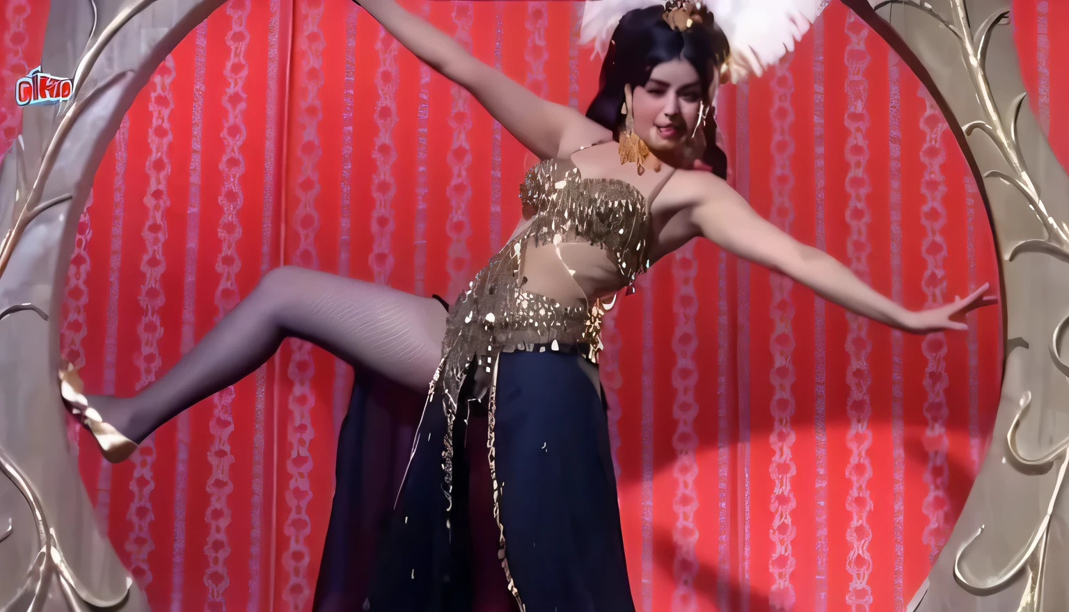 araffe belly dance in a circle with a gold dress and feather, Milky Thigh, transparent stockings, cabaret dancer, still shot from movie, still from the movie, still from movie, still image from the movie, screenshot from a movie, youtube video screenshot, movie screenshot, film still from the movie, movie screen shot, still frame from a movie