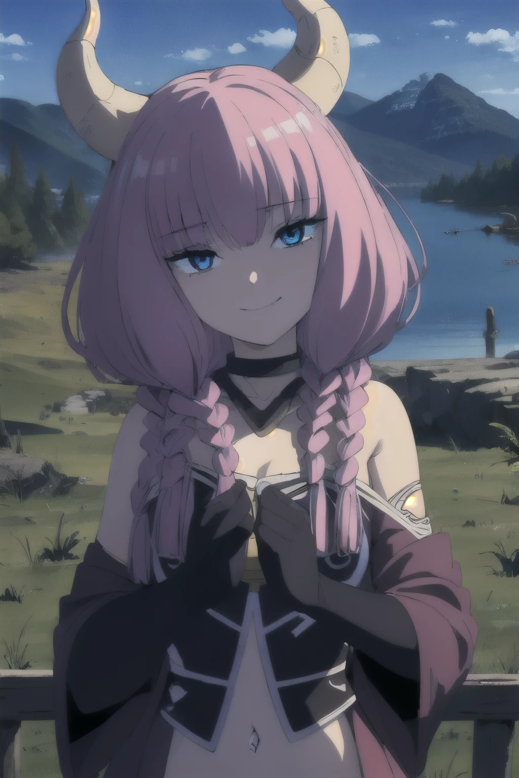 solo,grin,
TheGuillotineAura,1girl,
multiple braids,demon horns,
bare shoulders,
nature,sunshine,midday,mountain,sky,lake, BREAK (masterpiece:1.2), best quality, high resolution, unity 8k wallpaper, (illustration:0.8), (beautiful detailed eyes:1.6), extremely detailed face, perfect lighting, extremely detailed CG, (perfect hands, perfect anatomy),