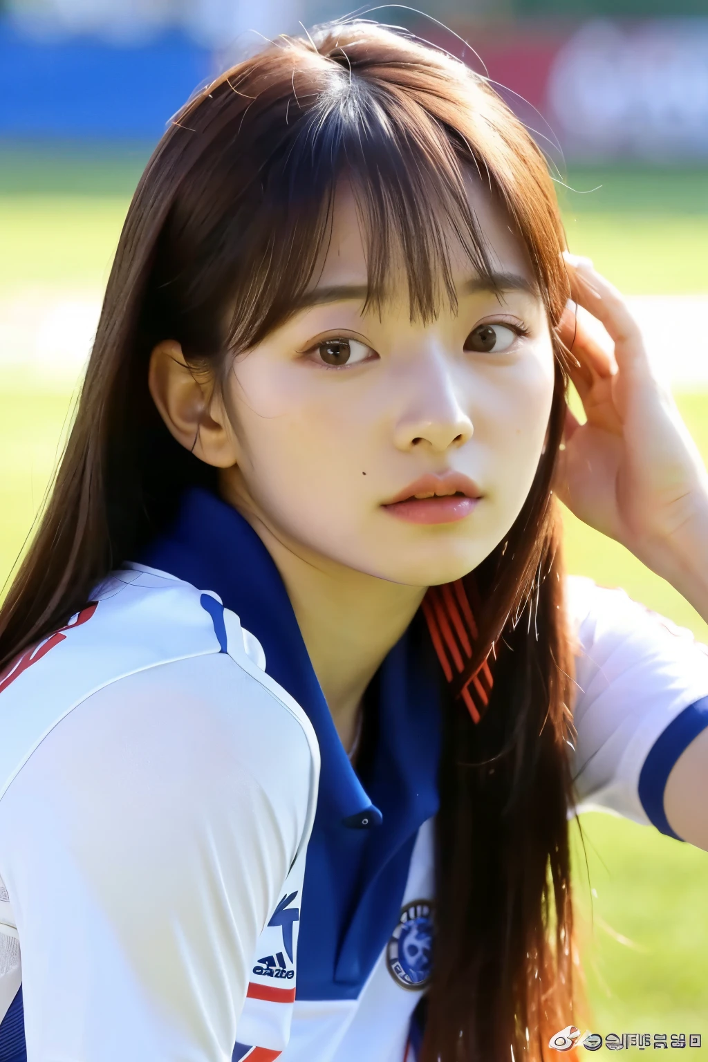 chaewon lesserafim, coreana, pelinegra, ojos redonditos, kim chaewon, lesserafim con la camiseta de river plate, club de futbol