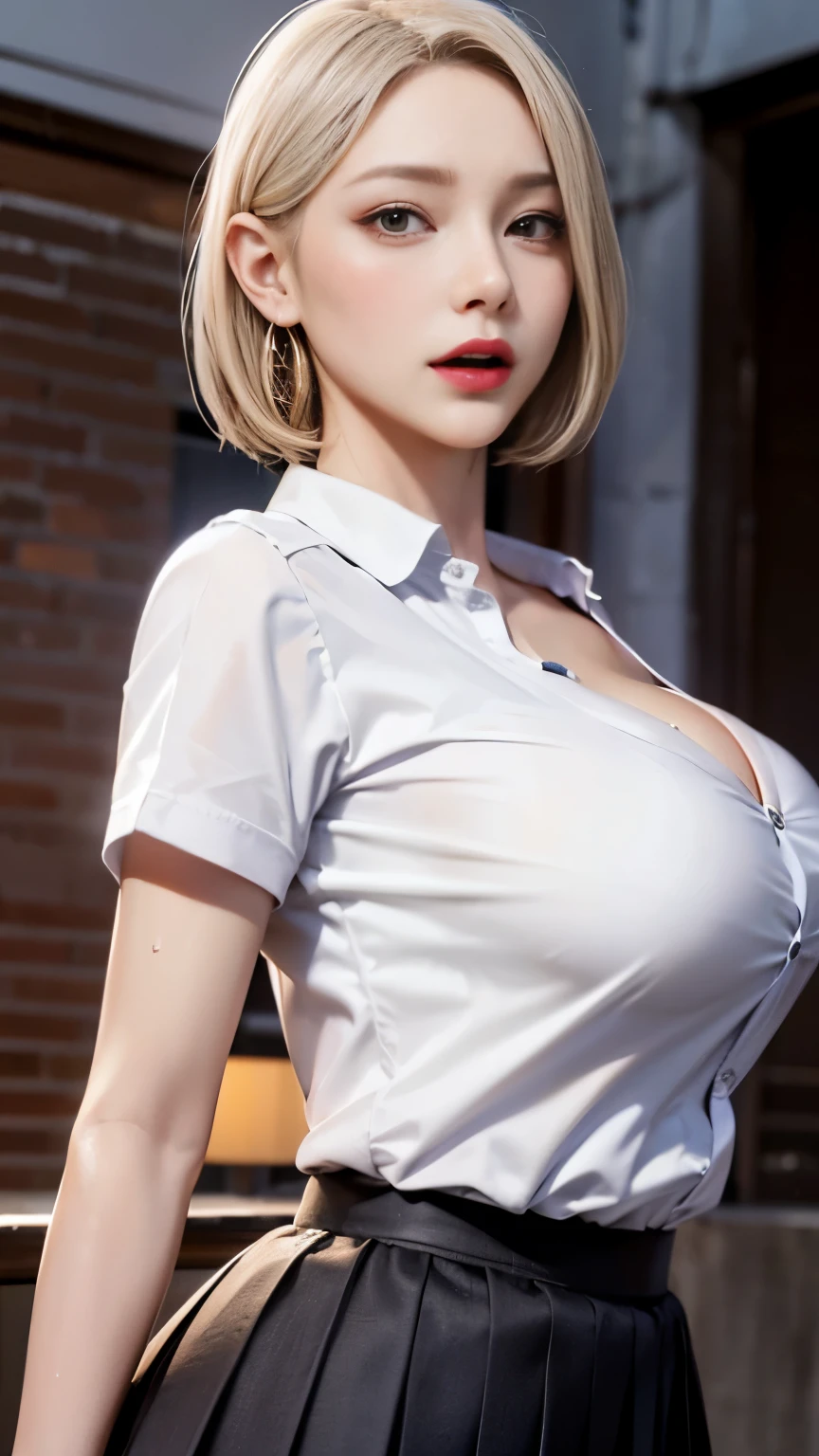 The highest quality, masterpiece, formal, Writing like a horror movie、(key light:Front diagonal 45 degrees, fill light、Backlight、shadow、blue and orange color palette), accurate human body、detailed person、Correct five-finger、
(dripping sweat、oil skin,Sparkling肌、realistic skin texture、detailed beautiful skin、shiny skin、shiny skin)
(Mature women standing in a line sticking out towards the viewer:1.4), (detailed pupil, perfect eyes:1.2), (Shiny clothes that reflect light and are very wrinkled:1.2), Sparkling, Sparklingした金色, (hoop earrings), necklace, latex, glamorous perfect female proportions, enchanting smile, fine surface texture, high school girl、Bewitching Woman、short hair、Cream yellow and inner color hair color、high school uniform、A girl wearing a cardigan over a white shirt and black pleated skirt、(((big breasts))), big cleavage、narrow back alley、