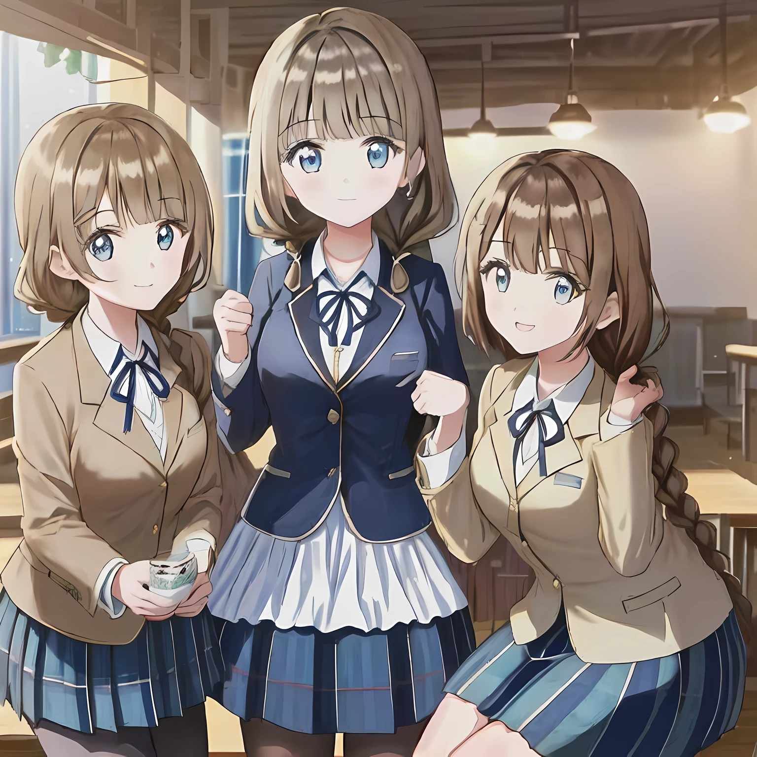 highest quality, (masterpiece:1.2), very detailed, ((Three girls surround the viewer and look down on them)), Glossy lips that make you want to kiss, nice smile, ((Cute big blue eyes)), (((dark brown hair))), 18-year-old, big shiny hair clip, school uniform, ((dark blue blazer)), ((very big blue school ribbon)), laughter、bright look、Both face and hair catch the light and shine, The corners of the eyes are drooping, The expression of a maiden in love, (((twin braid hairstyle))), A gentle and cute expression staring at the viewer, double eyelid, The background is the ceiling of the temple, round face, The ribbon on the chest is so cute, ((shot from below)), ((The eyes are very detailed)) ((girls bending over the viewer)), ((((dark blue & Deep navy tartan check middle long skirt))))