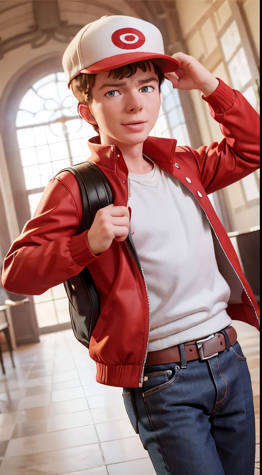 rick astley as a pokemon trainer, wearing red jacket, a cap and a pokemon backpack, happy, pokemon anime style, 8k