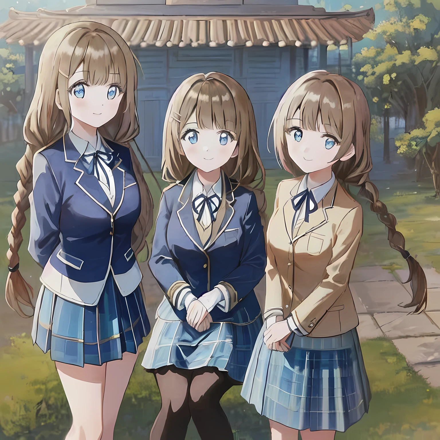 highest quality, (masterpiece:1.2), very detailed, ((Three girls surround the viewer and look down on them)), Glossy lips that make you want to kiss, nice smile, ((Cute big blue eyes)), (((dark brown hair))), 18-year-old, big shiny hair clip, school uniform, ((dark blue blazer)), ((very big blue school ribbon)), laughter、bright look、Both face and hair catch the light and shine, The corners of the eyes are drooping, The expression of a maiden in love, (((twin braid hairstyle))), A gentle and cute expression staring at the viewer, double eyelid, The background is the ceiling of the temple, round face, The ribbon on the chest is so cute, ((shot from below)), ((The eyes are very detailed)) ((girls bending over the viewer)), ((((dark blue & Deep navy tartan check middle long skirt))))