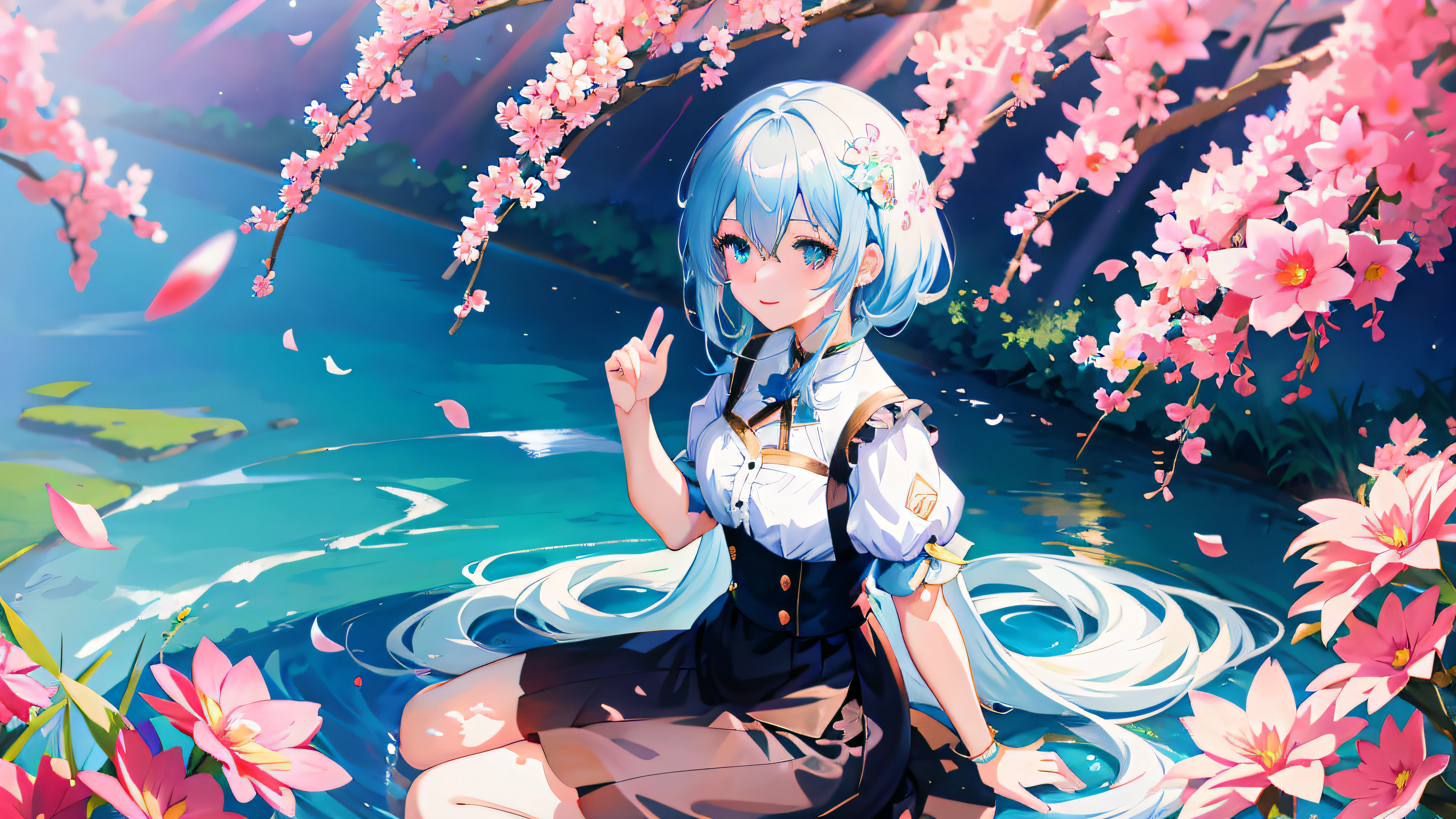 Anime girl sitting in a flower field，blue hairs, Anime art wallpaper 8 K, style of anime4 K, cute anime waifu in a nice dress, Anime art wallpaper 4k, Anime art wallpaper 4 K, Guweiz in Pixiv ArtStation, 4K anime wallpaper, Guweiz on ArtStation Pixiv, 