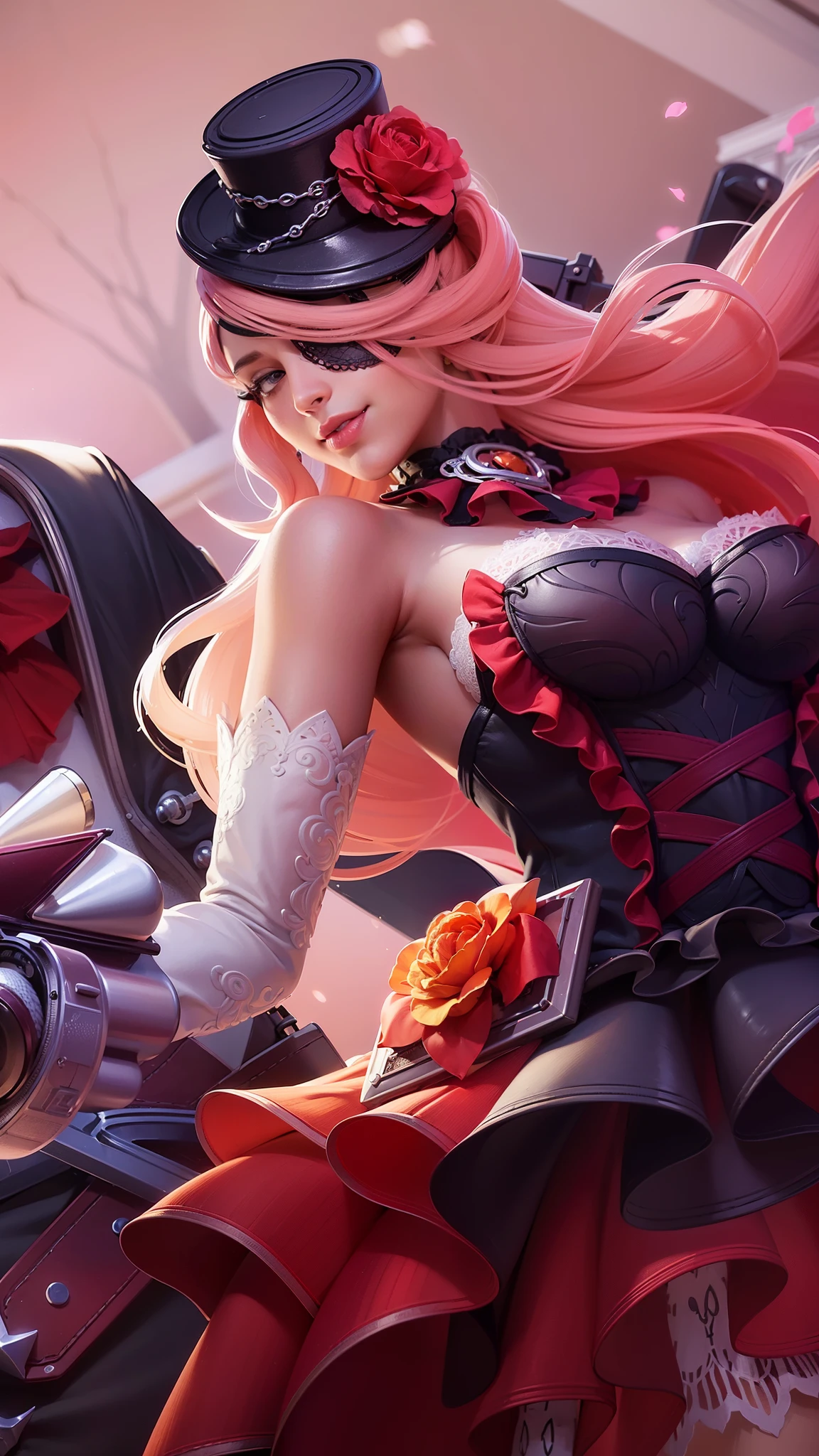 a close up of a woman with a gun in her hand, pink long hair, red lips glossy, 8k, ultra hd, ultra detailed texture, hyper realistic, masterpiece, detailed texture, detailed face, detailed skin, detailed lighting, (photorealistic:1.5), best quality, beautiful lighting, cinematic lighting, professional lighting, ultra highres, realistic, detailed hair, real hair, high quality, (realskin:1.5), extremely detailed, finely detail, ultra-detailed, braids, eye patch, left eyepatch,