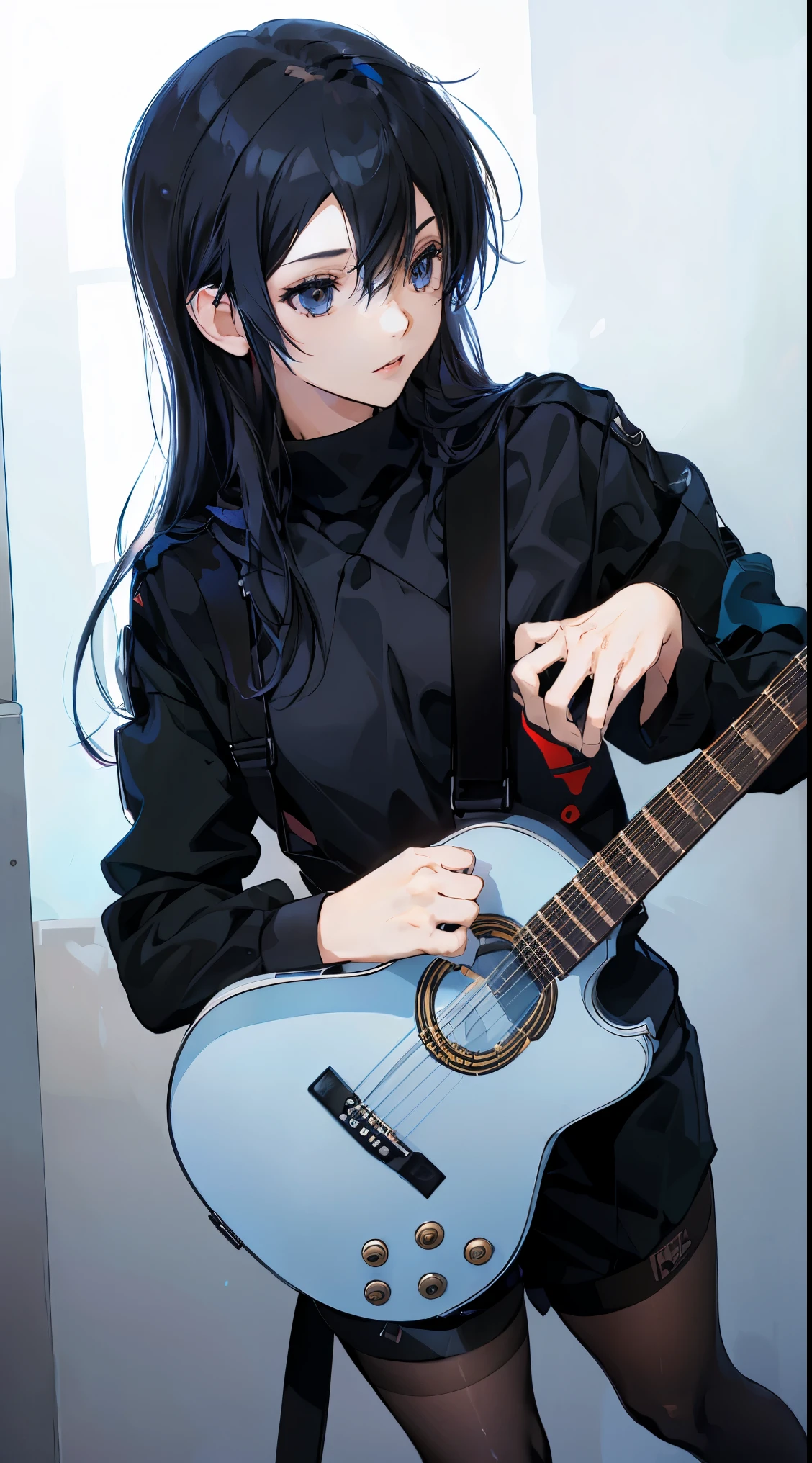 28 years old、black hair messy hair、precision 6 string acoustic guitar:1.2、Anatomically correct fingers、acoustic guitar、Only 1 guitar、Please look straight ahead and sing、(Turn your face forward:1.2)、jumpsuit，Female Kirito，long hair，black stockings