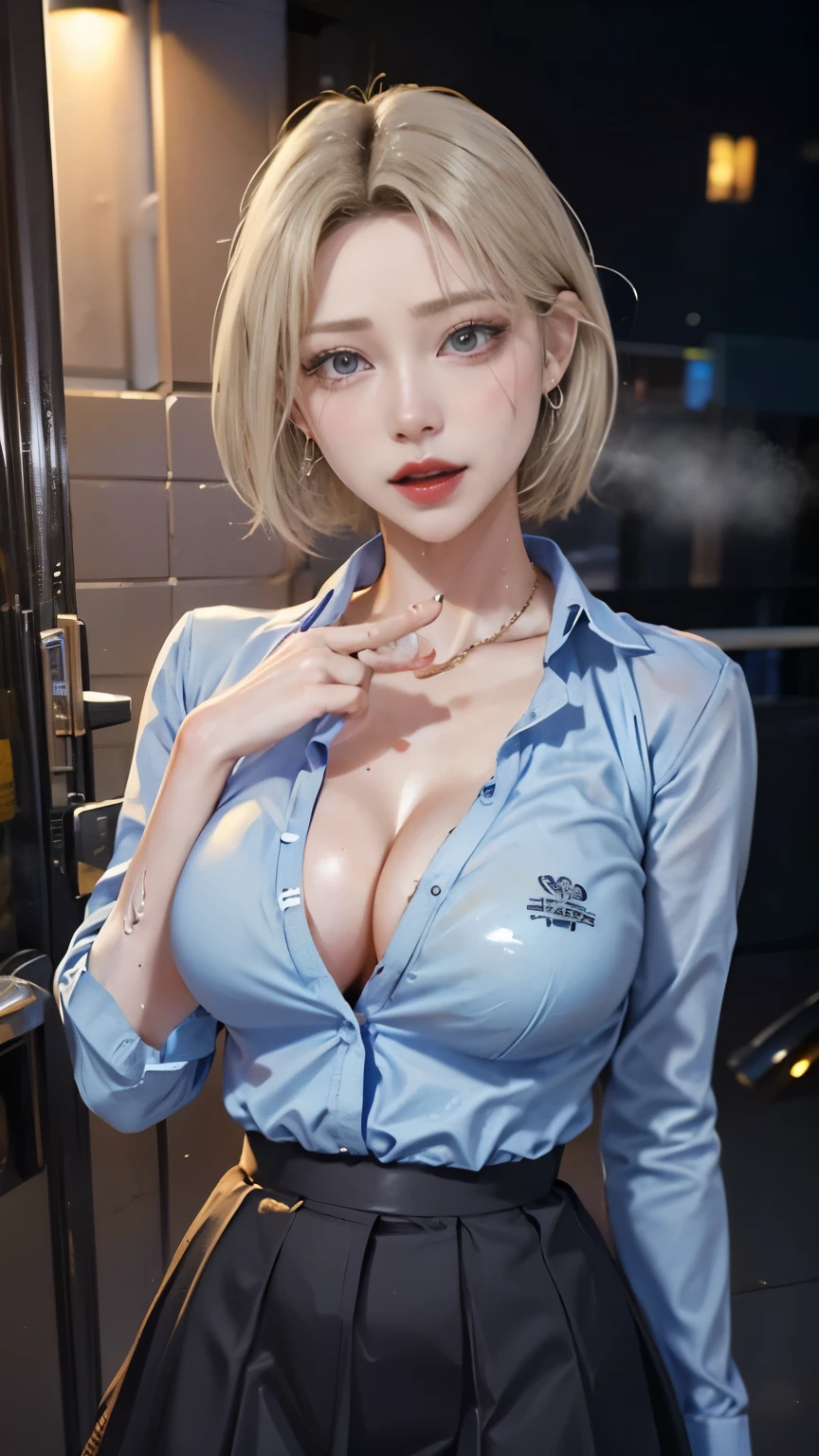 The highest quality, masterpiece, formal, Writing like a horror movie、(key light:Front diagonal 45 degrees, fill light、Backlight、shadow、blue and orange color palette), accurate human body、detailed person、Correct five-finger、
(dripping sweat、oil skin,Sparkling肌、realistic skin texture、detailed beautiful skin、shiny skin、shiny skin)
(Mature women standing in a line sticking out towards the viewer:1.4), (detailed pupil, perfect eyes:1.2), (Shiny clothes that reflect light and are very wrinkled:1.2), Sparkling, Sparklingした金色, (hoop earrings), necklace, latex, glamorous perfect female proportions, enchanting smile, fine surface texture, high school girl、Bewitching Woman、short hair、Cream yellow and inner color hair color、high school uniform、A girl wearing a cardigan over a white shirt and black pleated skirt、(((big breasts))), big cleavage、narrow back alley、