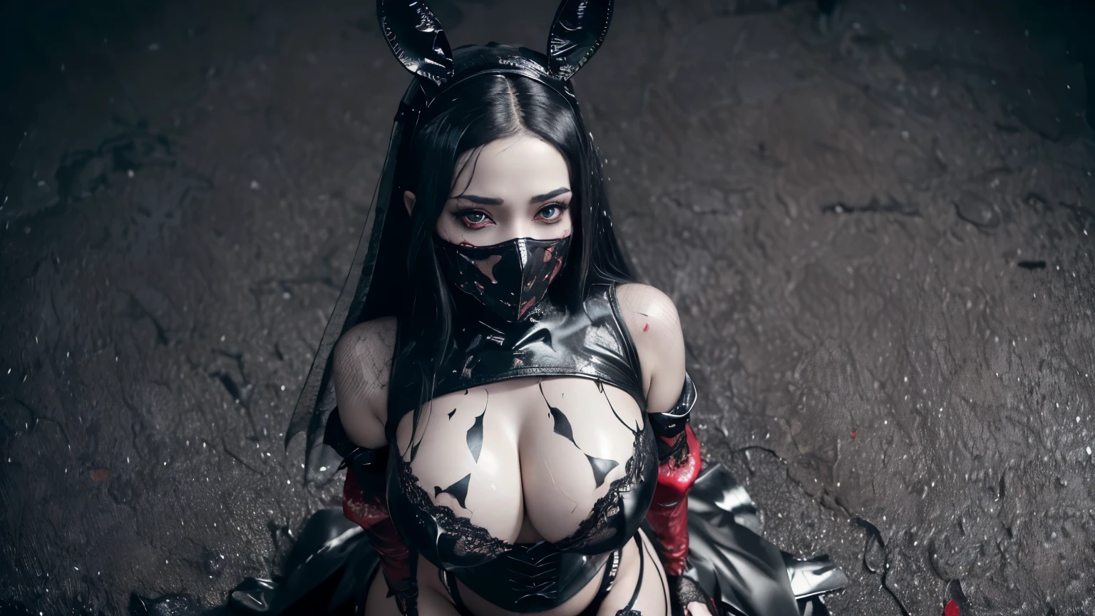 ((best quality)), ((masterpiece)), 8k, (detailed), perfect face, (((Big tits ))), hot young busty girl, black lava outfit, stocking, black latex slime, beautyful face, (( long length hair)), ((detailed eyes)), lightning in the background, ((dark horror castle in the background, ((lace thigh fix), garter belts (((the clothes melt off her))), (((black paint splattered on it))), (flying dragon in a background), red damaged corset, ((her clothes were torn in several places))), latex lingerie, (nun costume), venom, black dark venom, ((red lacy brassiere)), perfect detailed, ((((it is photographed from above)))), red latex, erotic pose, big tits, long white hair, detailed eyes, ((from above)), (((she push her out))), , from below, (wearing a black venom mask), (black bunny), black veil, ((BIG BOOBIES)), dark angel