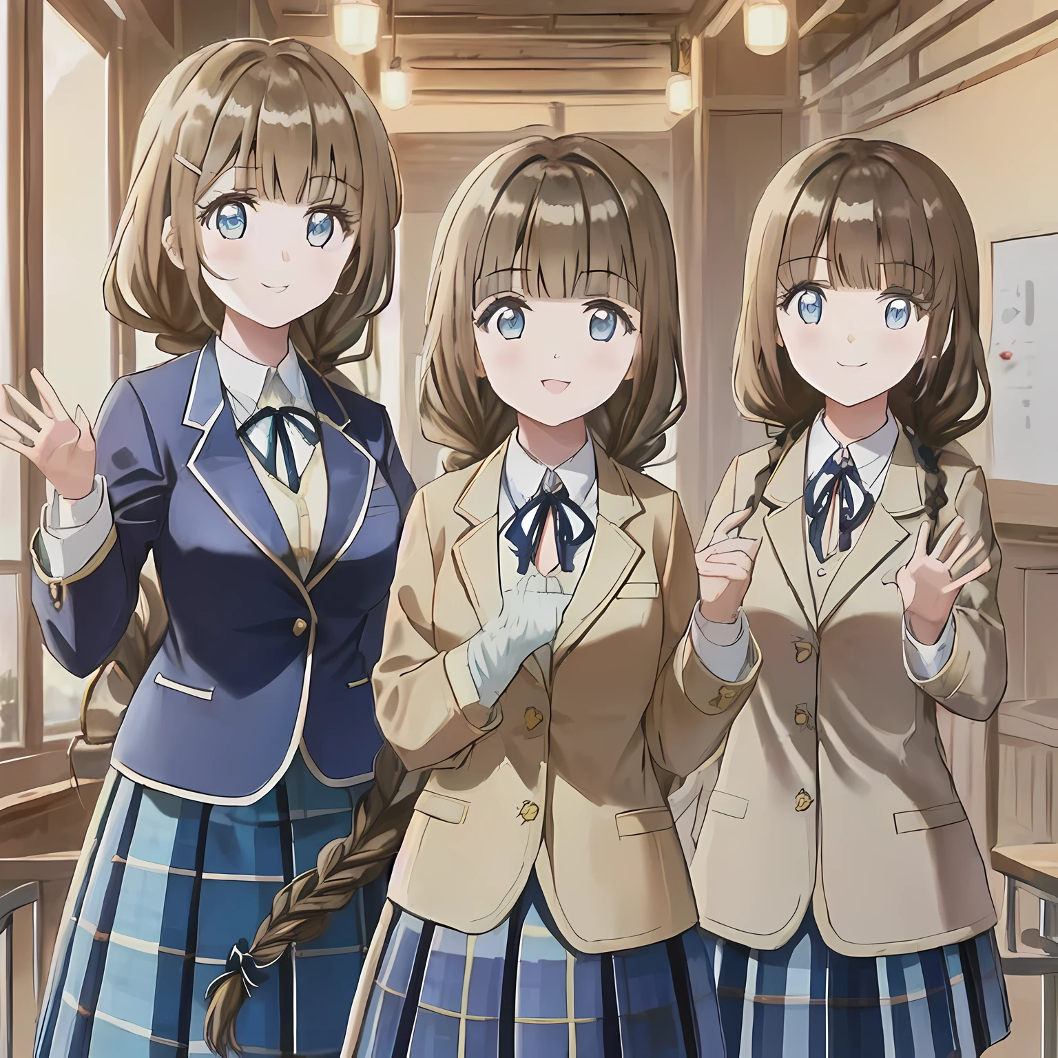 highest quality, (masterpiece:1.2), very detailed, ((Two girls surround the viewer and look down on them)), Glossy lips that make you want to kiss, nice smile, ((Cute big blue eyes)), (((dark brown hair))), 18-year-old, big shiny hair clip, school uniform, ((dark blue blazer)), ((very big blue school ribbon)), laughter、bright look、Both face and hair catch the light and shine, The corners of the eyes are drooping, The expression of a maiden in love, (((twin braid hairstyle))), A gentle and cute expression staring at the viewer, double eyelid, The background is the ceiling of the temple, round face, The ribbon on the chest is so cute, ((shot from below)), ((The eyes are very detailed)) ((girls bending over the viewer)), ((((dark blue & Deep navy tartan check middle long skirt))))