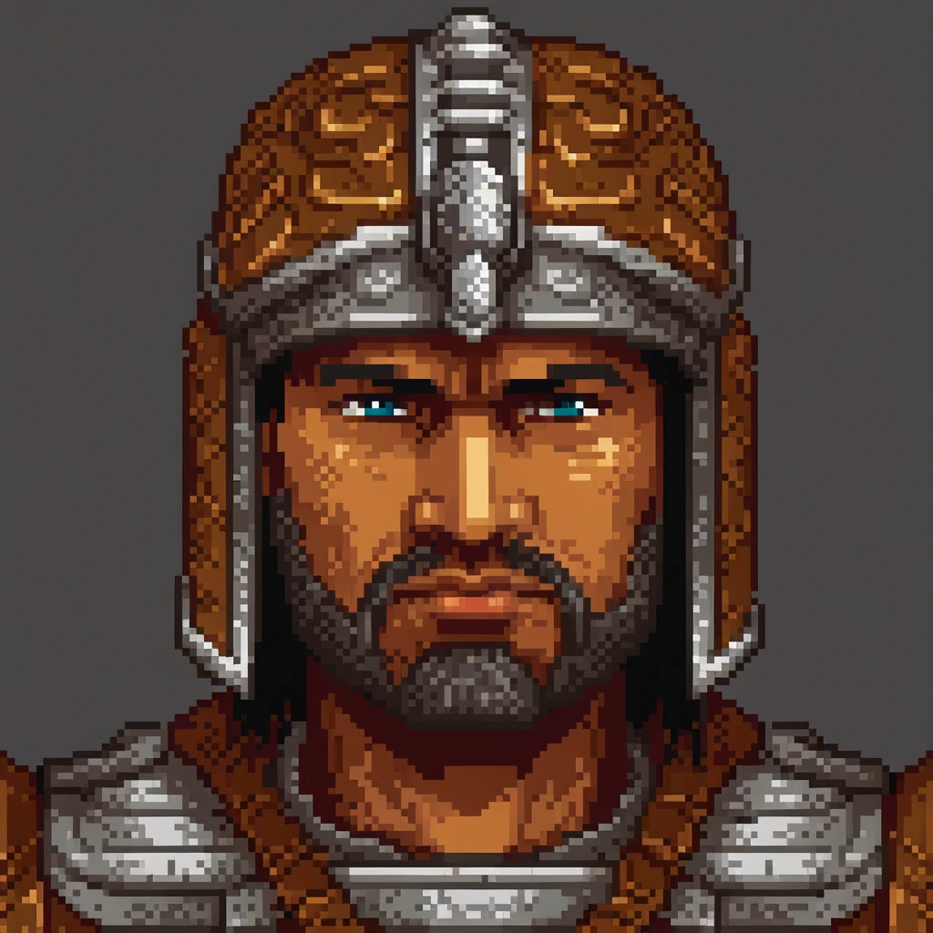 Pixel Art, Pixel art portrait of an ancient warrior, full armor, detailed pixel shading, emotive eyes, #realistic metallic textures, DSLR quality with a vintage pixelated feel, Nikon D, Wide angle lens HD 2D Pixel Art :: Pixel style :: Pixels