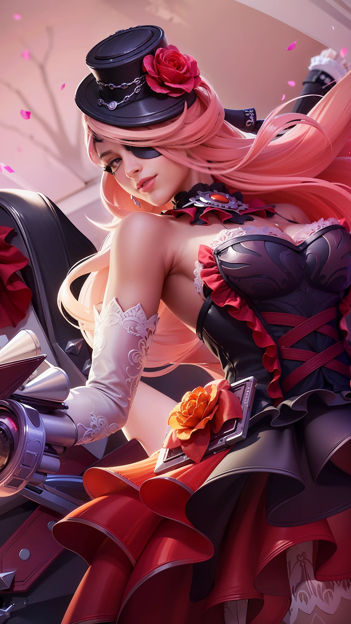 a close up of a woman with a gun in her hand, pink long hair, red lips glossy, 8k, ultra hd, ultra detailed texture, hyper realistic, masterpiece, detailed texture, detailed face, detailed skin, detailed lighting, (photorealistic:1.5), best quality, beautiful lighting, cinematic lighting, professional lighting, ultra highres, realistic, detailed hair, real hair, high quality, (realskin:1.5), extremely detailed, finely detail, ultra-detailed, braids, eye patch, left eyepatch,