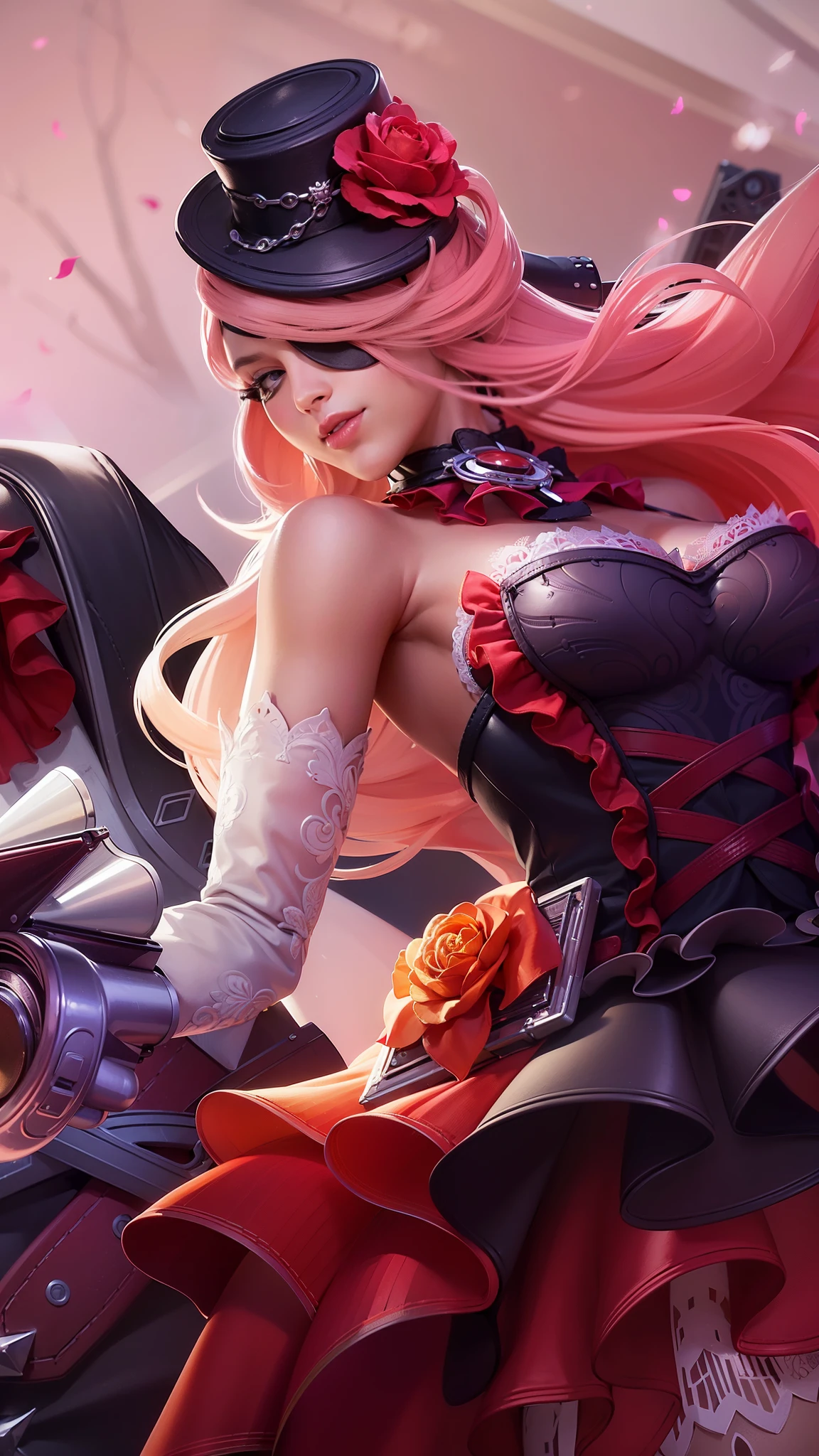 a close up of a woman with a gun in her hand, pink long hair, red lips glossy, 8k, ultra hd, ultra detailed texture, hyper realistic, masterpiece, detailed texture, detailed face, detailed skin, detailed lighting, (photorealistic:1.5), best quality, beautiful lighting, cinematic lighting, professional lighting, ultra highres, realistic, detailed hair, real hair, high quality, (realskin:1.5), extremely detailed, finely detail, ultra-detailed, braids, eye patch, left eyepatch,