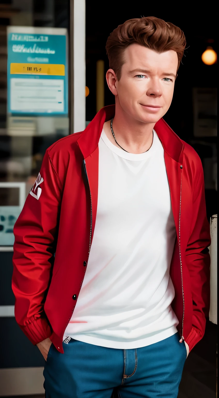 rick astley as a pokemon trainer, wearing red jacket, a cap and a pokemon backpack, happy, pokemon anime style, 8k