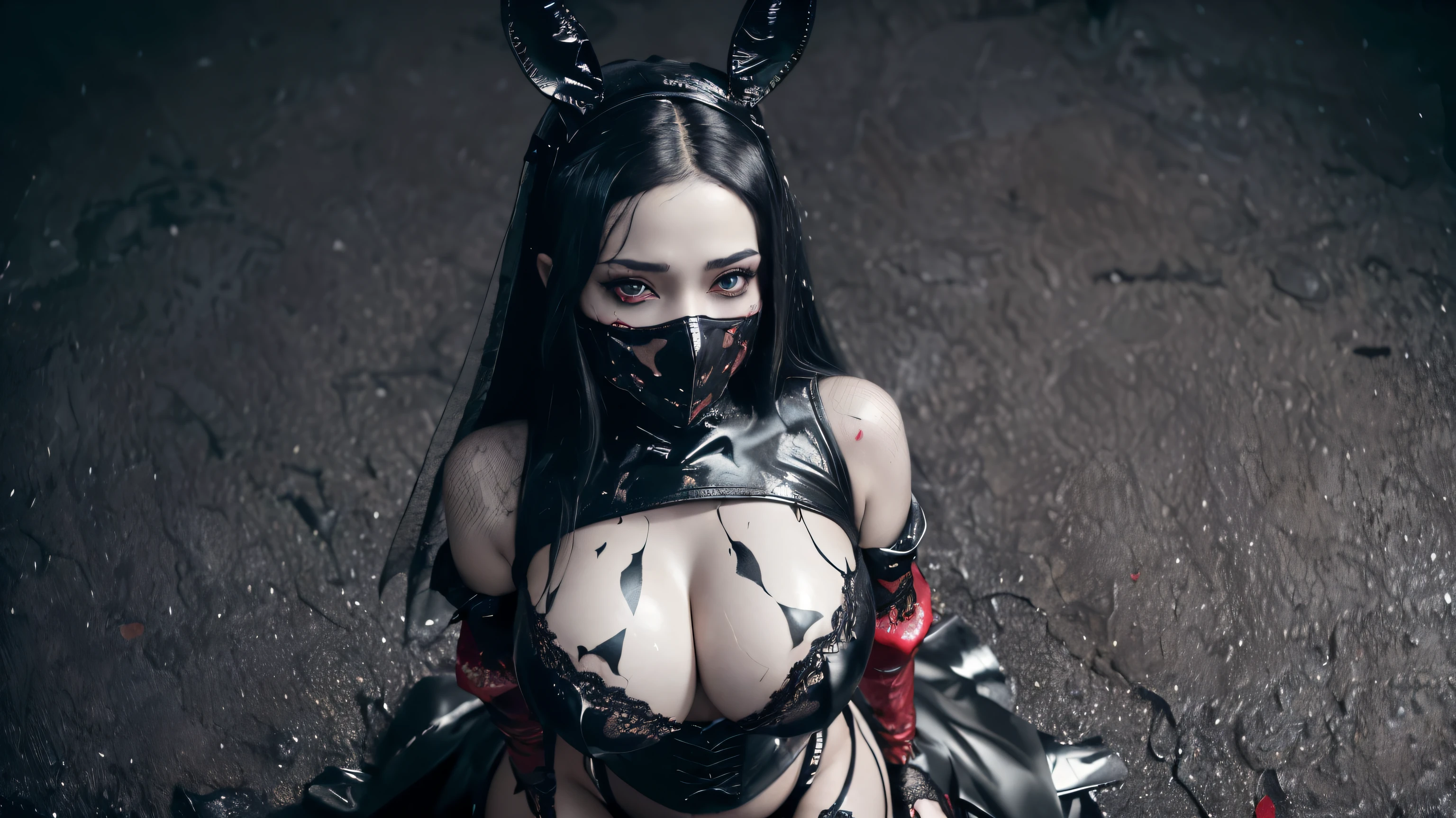 ((best quality)), ((masterpiece)), 8k, (detailed), perfect face, (((Big tits ))), hot young busty girl, black lava outfit, stocking, black latex slime, beautyful face, (( long length hair)), ((detailed eyes)), lightning in the background, ((dark horror castle in the background, ((lace thigh fix), garter belts (((the clothes melt off her))), (((black paint splattered on it))), (flying dragon in a background), red damaged corset, ((her clothes were torn in several places))), latex lingerie, (nun costume), venom, black dark venom, ((red lacy brassiere)), perfect detailed, ((((it is photographed from above)))), red latex, erotic pose, big tits, long white hair, detailed eyes, ((from above)), (((she push her out))), , from below, (wearing a black venom mask), (black bunny), black veil, ((BIG BOOBIES)), dark angel