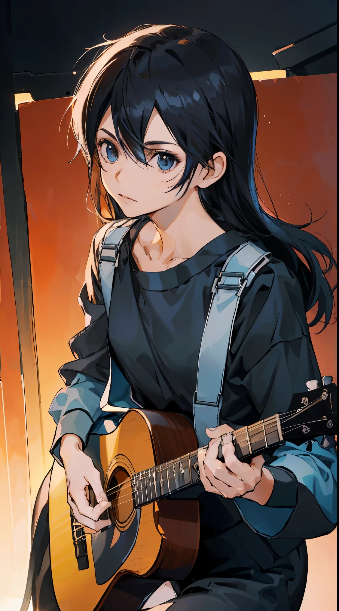 28 years old、black hair messy hair、precision 6 string acoustic guitar:1.2、Anatomically correct fingers、acoustic guitar、Only 1 guitar、Please look straight ahead and sing、(Turn your face forward:1.2)、jumpsuit，Female Kirito，long hair，black stockings