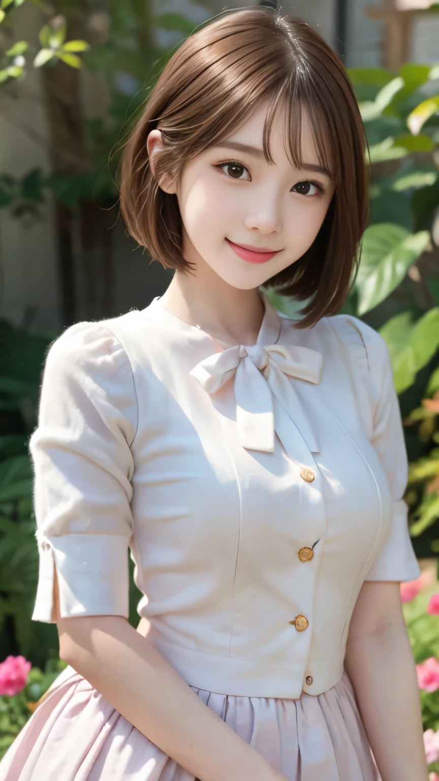 (Masterpiece), (best quality), (Superb details), (1 girl), (blurred background), young girl((13 years old))((short hair)), (full smile), Beautiful and delicate eyes, delicate beautiful face, soar (high saturation), (Colorful shine), Multicolored bubbles, (shine), Focus on the face, princess cosplay costume, The backdrop is a field of beautiful colorful flowers. , perfect figure,
