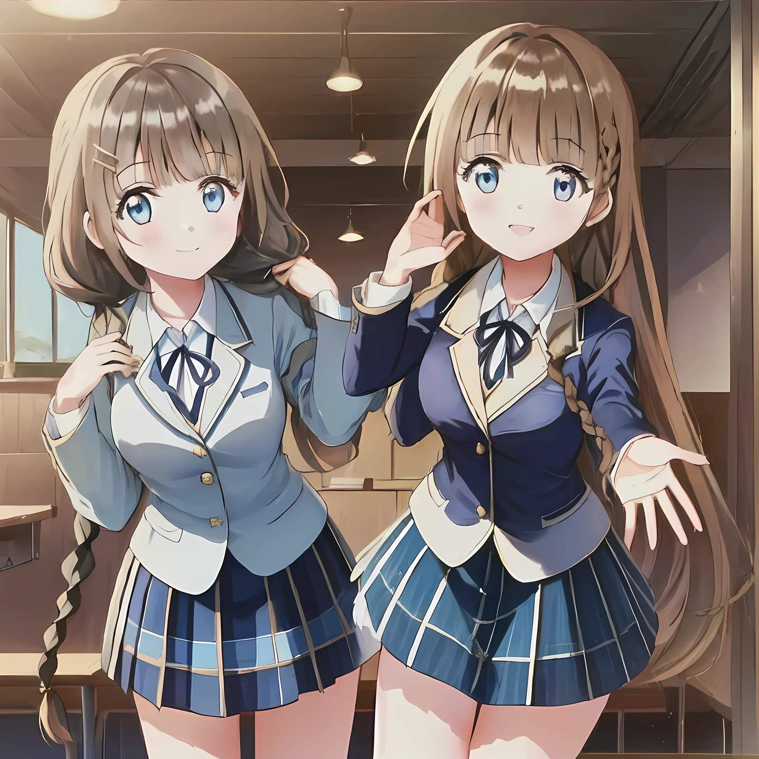 highest quality, (masterpiece:1.2), very detailed, ((Two girls surround the viewer and look down on them)), Glossy lips that make you want to kiss, nice smile, ((Cute big blue eyes)), (((dark brown hair))), 18-year-old, big shiny hair clip, school uniform, ((dark blue blazer)), ((very big blue school ribbon)), laughter、bright look、Both face and hair catch the light and shine, The corners of the eyes are drooping, The expression of a maiden in love, (((Braid hairstyles))), A gentle and cute expression staring at the viewer, double eyelid, The background is the ceiling of the temple, round face, The ribbon on the chest is so cute, ((shot from below)), ((The eyes are very detailed)) ((girls bending over the viewer)), ((((dark blue & Deep navy tartan check middle long skirt))))