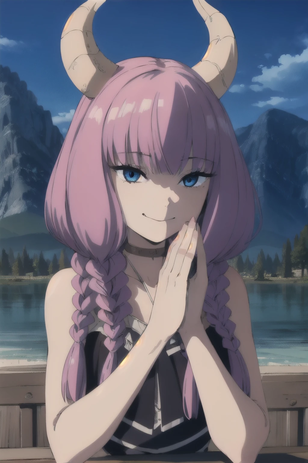solo,grin,
TheGuillotineAura,1girl,
multiple braids,demon horns,
bare shoulders,
nature,sunshine,midday,mountain,sky,lake, BREAK (masterpiece:1.2), best quality, high resolution, unity 8k wallpaper, (illustration:0.8), (beautiful detailed eyes:1.6), extremely detailed face, perfect lighting, extremely detailed CG, (perfect hands, perfect anatomy),