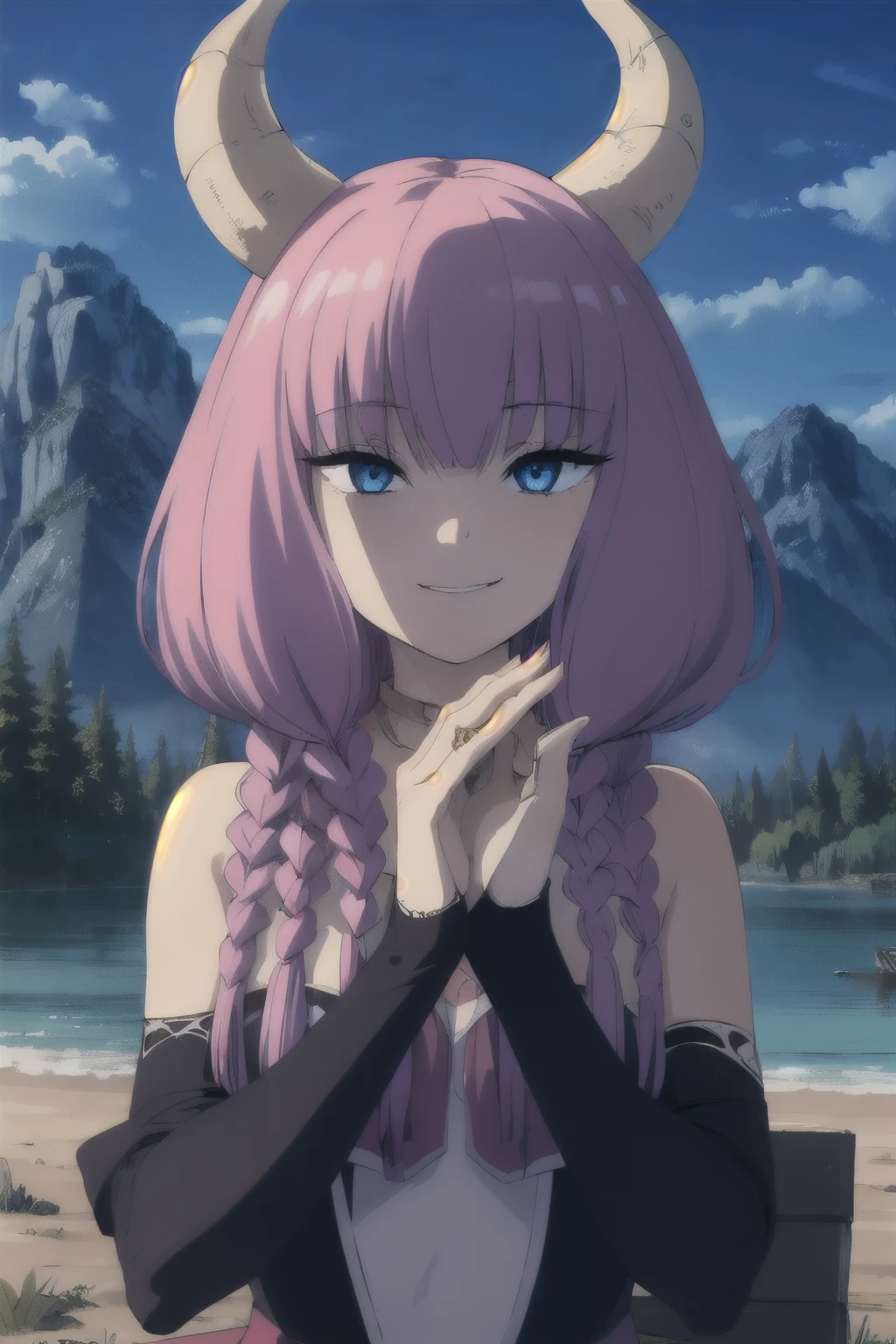 solo,grin,
TheGuillotineAura,1girl,
multiple braids,demon horns,
bare shoulders,
nature,sunshine,midday,mountain,sky,lake, BREAK (masterpiece:1.2), best quality, high resolution, unity 8k wallpaper, (illustration:0.8), (beautiful detailed eyes:1.6), extremely detailed face, perfect lighting, extremely detailed CG, (perfect hands, perfect anatomy),