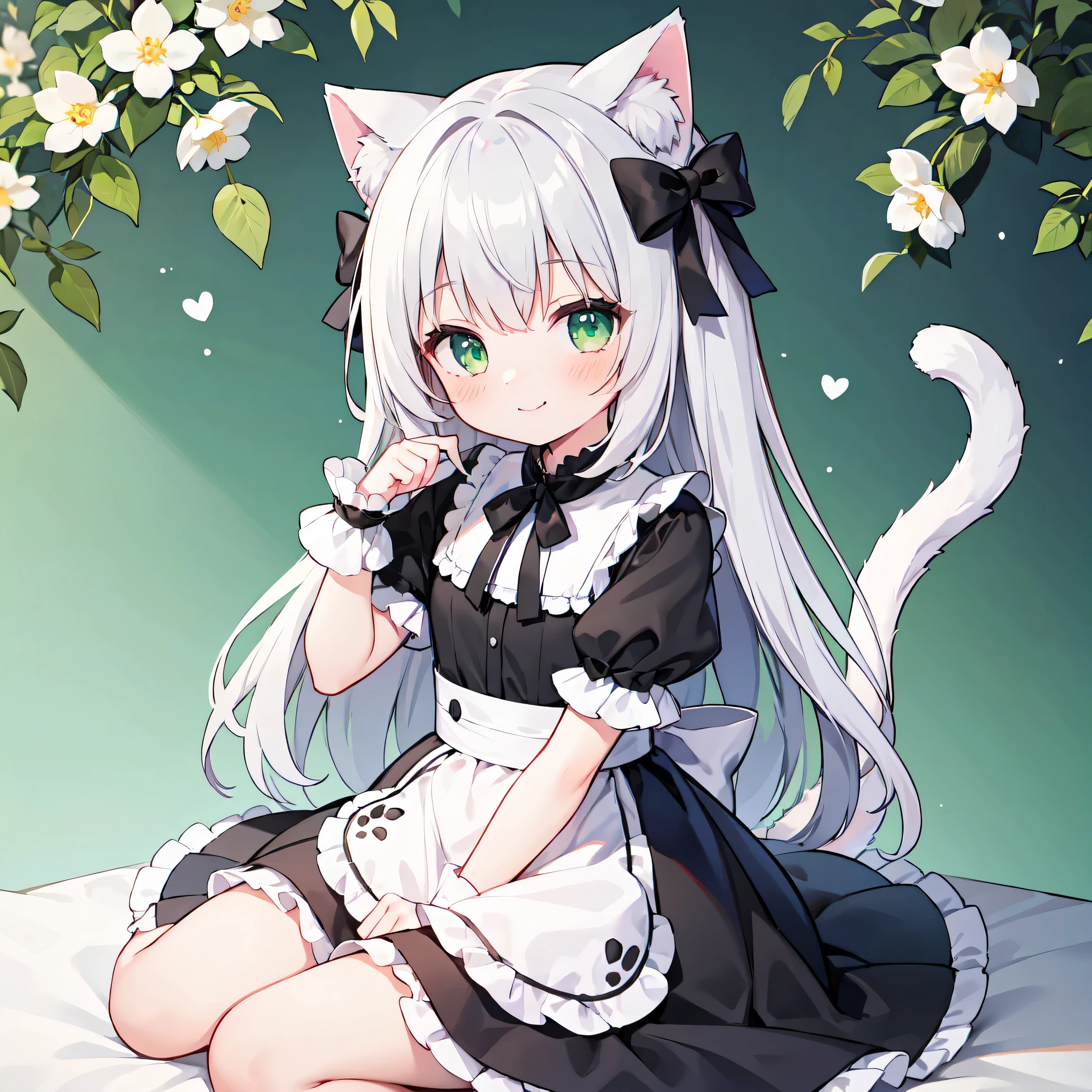 High resolution,highest quality, 1 girl, animal ears, gray hair, blush, bow, green eyes, Cat ear, cat tail, closed mouth, dress, tooth, flower, hair bow, raise your hand, long hair, looking at the viewer, neck ribbon, puffy short sleeve, plump sleeves, short sleeve, sitting, sleeves go over wrists, smile, alone, tail, tail raised, white dress, white flower,Black dress clothes