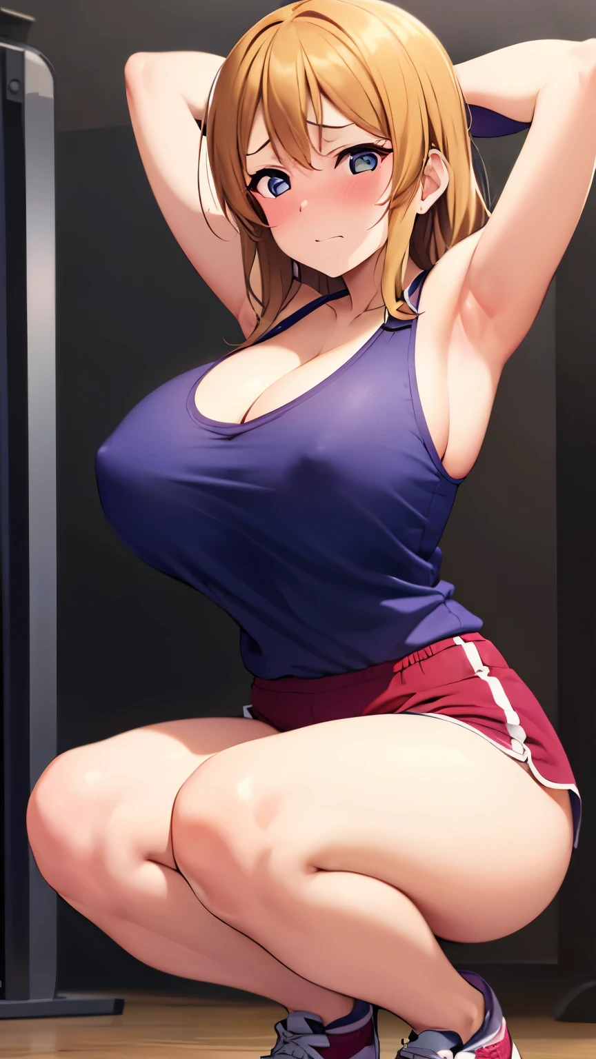 ((two arms))、((two legs))、((five fingers))、gigantic breast、big thighs、8k、Portrait、simple background、Love Live Wind、squat、embarrassed look、blush、gym tank top、cleavage、Gym Shorts、hands behind head、hard nipples、Two dimensions、open your legs wide