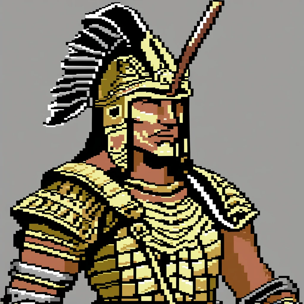 Pixel Art, Pixel art portrait of an ancient warrior, full armor, detailed pixel shading, emotive eyes, #realistic metallic textures, DSLR quality with a vintage pixelated feel, Nikon D, Wide angle lens HD 2D Pixel Art :: Pixel style :: Pixels