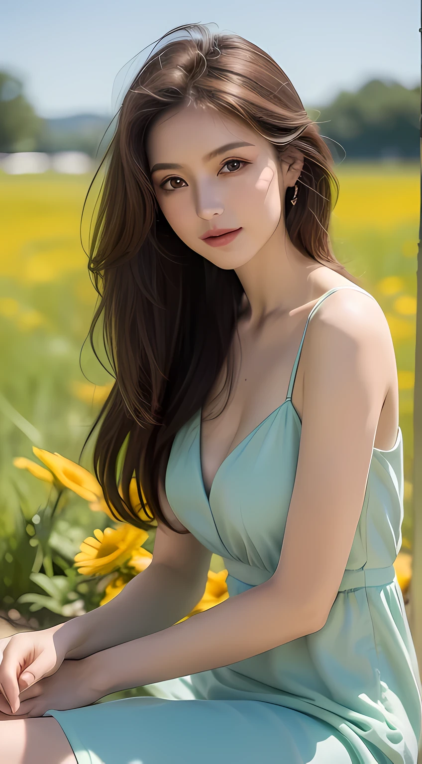 (masterpiece), (best quality), ultra high resolution, sharp focus, warm soft tones, ((1 mature woman, alone)), Upper body, medium long shot, MLS, beautiful fine hair, chestnut brown hair, messy long hair, Beautiful and delicate face, ((beautiful eye shape, green eyes)), perfect female face, smiley face, Smile, look at the audience,Feminine sheer dress, on a beautiful morning, Sitting on the beautiful flower meadow