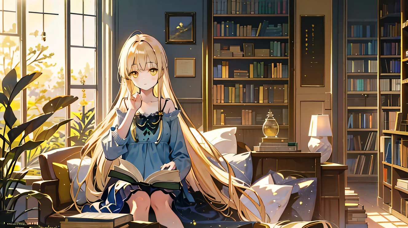 (women, solo), shiina mahiru, (yellow eyes), (long-haired:1.1), (barefoot:1.1), (shy:1.1), (cute:1.1), (shushing gesture:1.1), (library:1.1), (reading book:1.1), (best quality:1.2), (ultra-detailed:1.1), (photorealistic:1.37), (vivid colors), (soft lighting), (bookshelves), (peaceful atmosphere), (sunlight streaming through window), (golden hour), (quiet ambiance), (dusty air), (old books), (warm color palette), (cozy):1.1, (relaxing environment), (blissful), (tranquil), (gentle), (serene), (comforting), (dreamy:1.1), (calm)