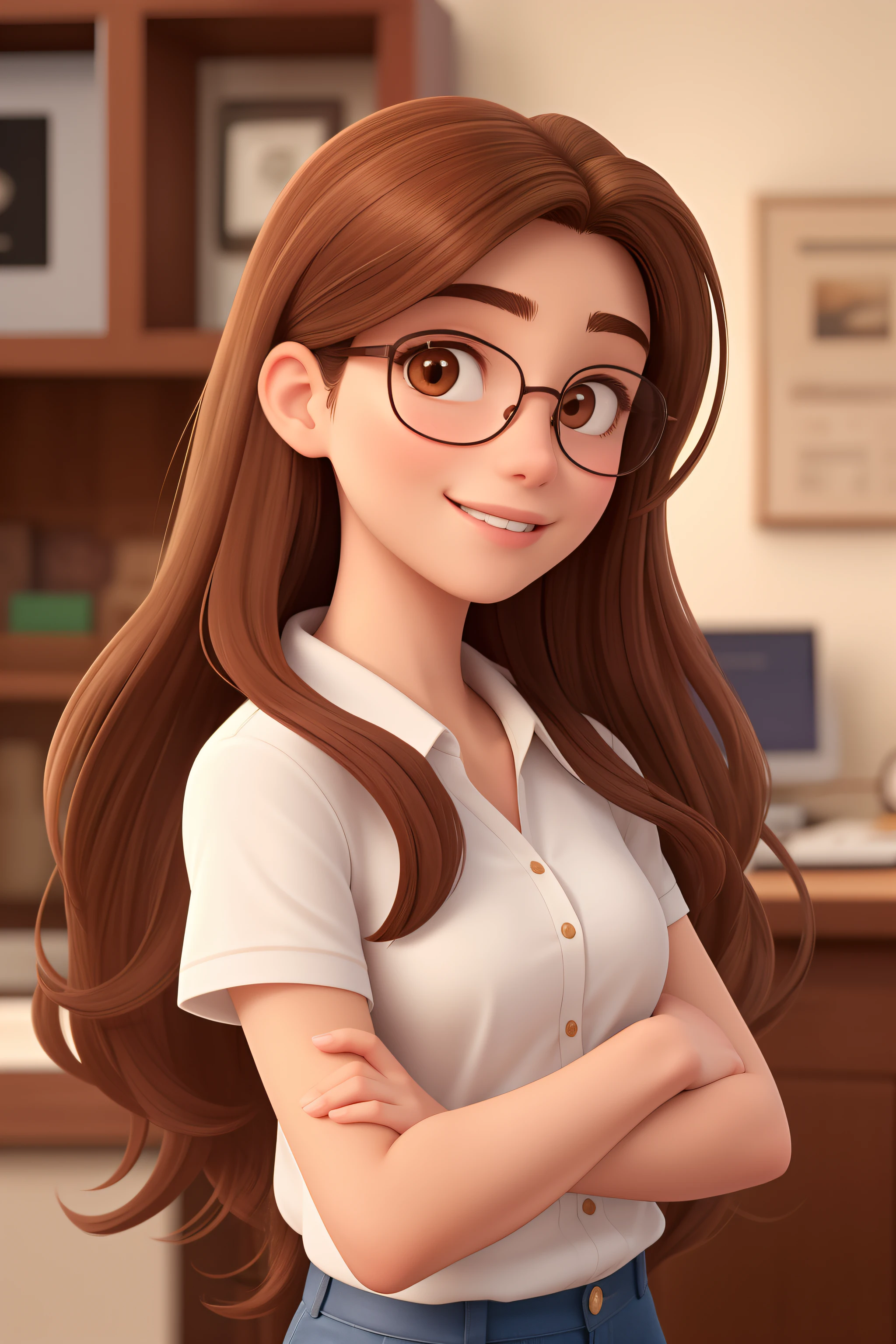 An 18 year old woman, with long brown hair, cara redonda, sonrisa encantandora, y ojos marrones, usando lentes.