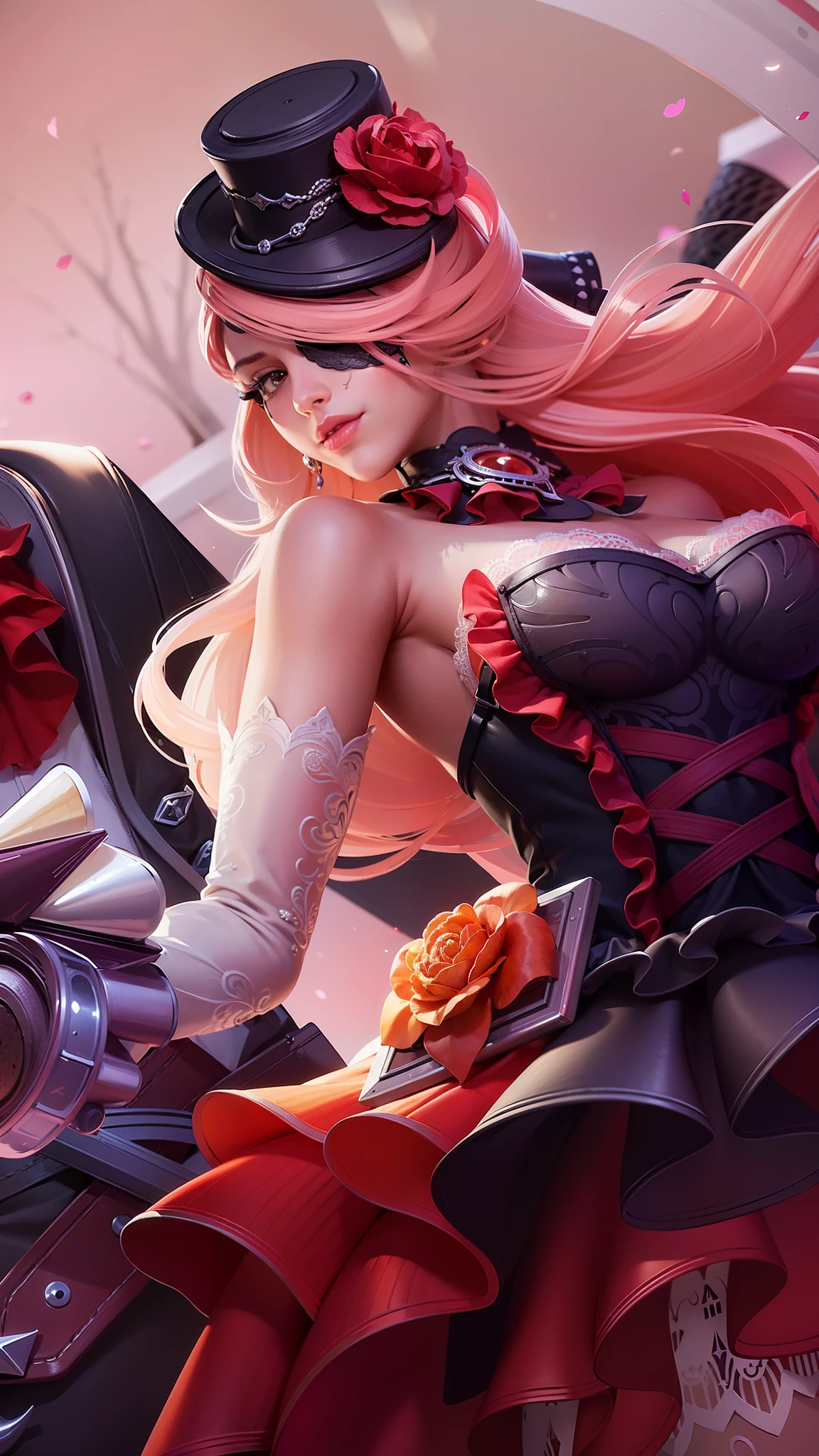 a close up of a woman with a gun in her hand, pink long hair, red lips glossy, 8k, ultra hd, ultra detailed texture, hyper realistic, masterpiece, detailed texture, detailed face, detailed skin, detailed lighting, (photorealistic:1.5), best quality, beautiful lighting, cinematic lighting, professional lighting, ultra highres, realistic, detailed hair, real hair, high quality, (realskin:1.5), extremely detailed, finely detail, ultra-detailed, braids, eye patch, left eyepatch,