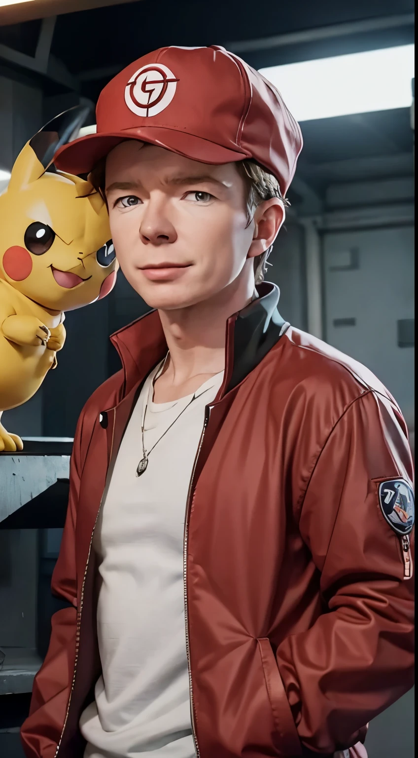 rick astley as a pokemon trainer, wearing red jacket, a cap and a pokemon backpack, happy, pokemon anime style, 8k