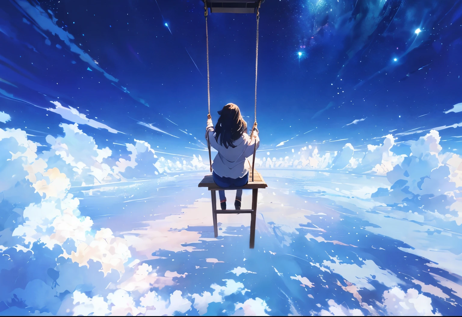 There is one woman sitting on an empty swing, stright long hair、makoto shinkai cyril rolando, By Shinkai Makoto. a digital rendering, stairway to heaven, By Shinkai Makoto!, By Shinkai Makoto!!, Leading to the Sky, today's featured anime still,, ( ( By Shinkai Makoto ) ), swing、from the rear、Magnificent scale、fish-eye lens、1womanl、just one ladder