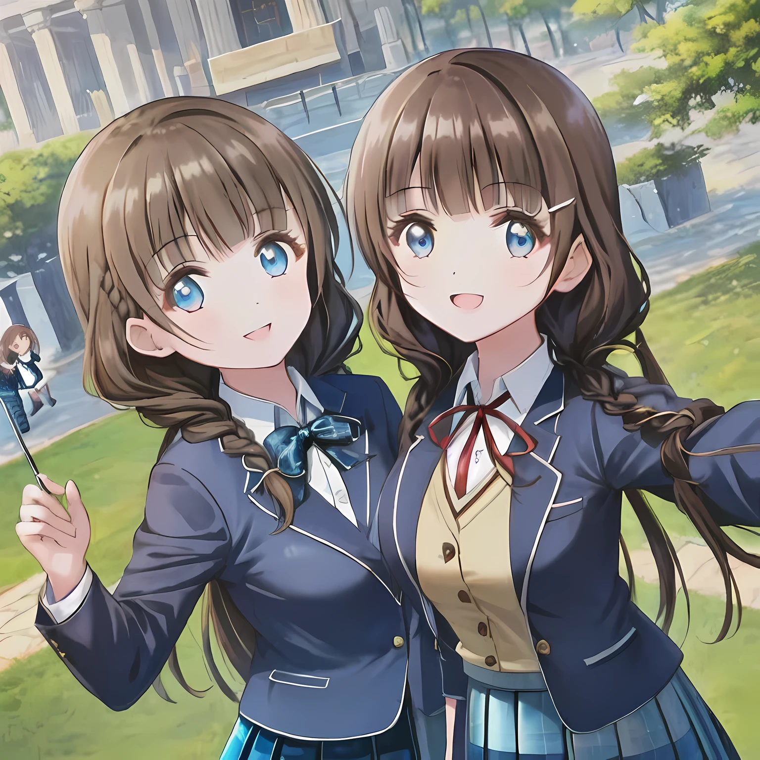 highest quality, (masterpiece:1.2), very detailed, ((Two girls surround each other and look into the viewer&#39;s eyes)), Glossy lips that make you want to kiss, nice smile, ((Cute big blue eyes)), (((dark brown hair))), 18-year-old, big shiny hair clip, school uniform, ((dark blue blazer)), ((very big blue school ribbon)), laughter、bright look、Both face and hair catch the light and shine, The corners of the eyes are drooping, The expression of a maiden in love, (((Braid hairstyles))), A gentle and cute expression staring at the viewer, double eyelid, The background is the ceiling of the temple, round face, The ribbon on the chest is so cute, ((shot from below)), ((The eyes are very detailed)) ((girls bending over the viewer)), ((((dark blue & Deep navy tartan check middle long skirt))))