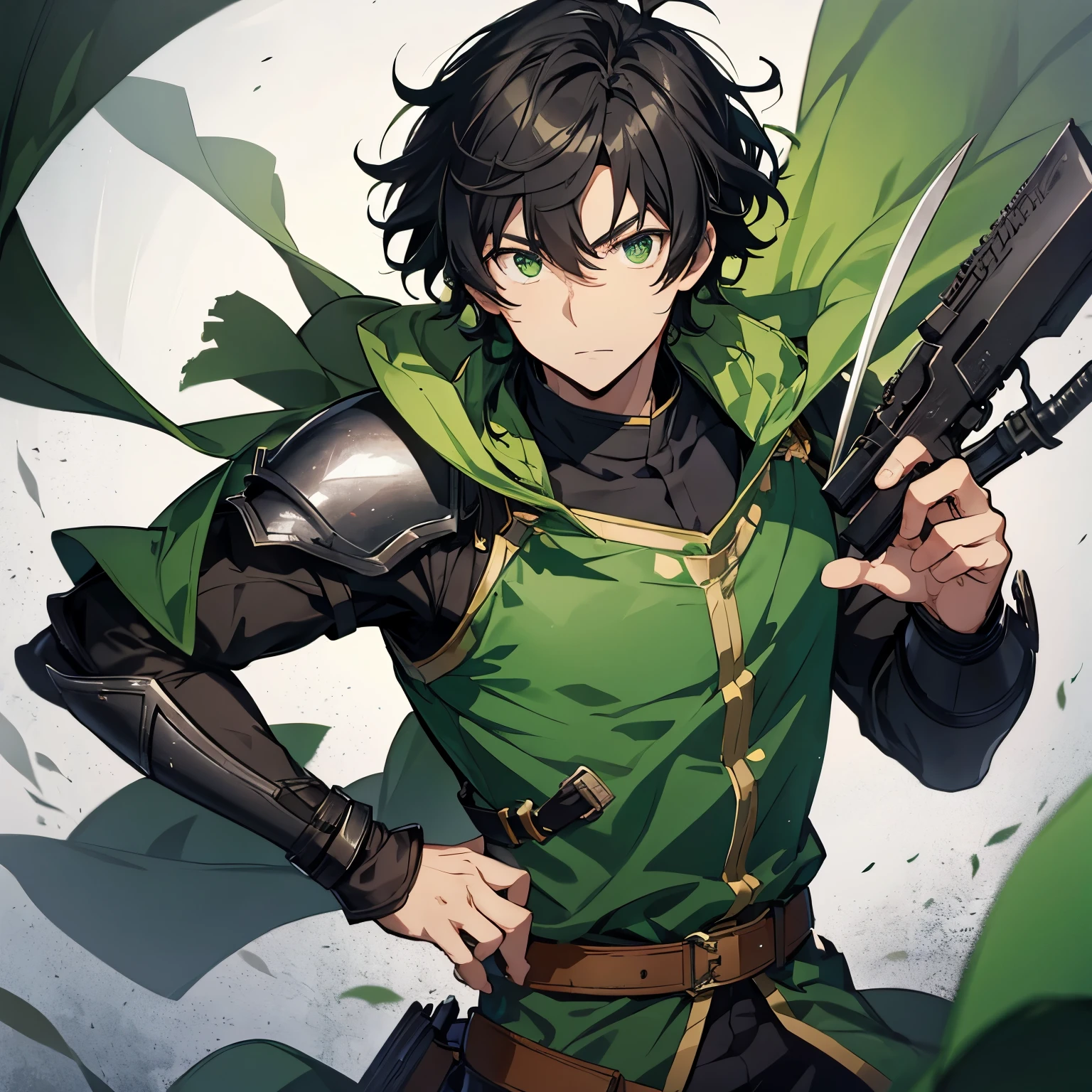 "naofumi Iwatani" from the anime "shield hero", He has messy black hair, armor, and a green cape.