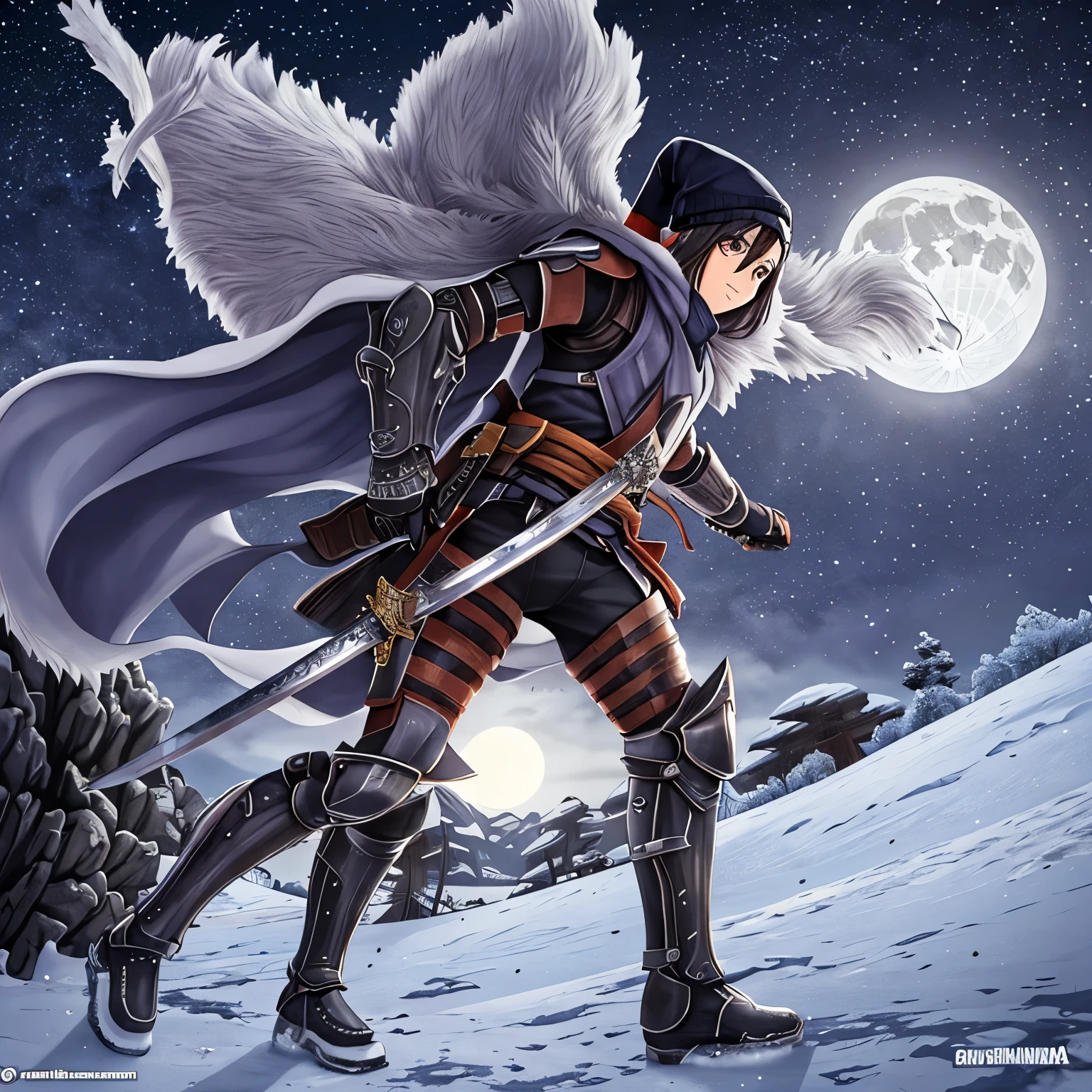 um ronin poderoso e habilidoso, ( lider, chefe) do (clan, grupo) chamado (clan dos corvos)pencil drawing, arte no estilo anime, ( with attention to the smallest details) detailed armor therefore katana double serious expression, levemente cansado, ele possui uma cicatriz em formato de corte em seu rosto, hauntingly beautiful scenery with the snow falling and the wind carrying the dry leaves on a full moon night, atmosfera (neblina, nebuloza, etheria) (em tons profundos de azul e preto, com toques de prata), lanternas suavemente brilhantes iluminando a cena.