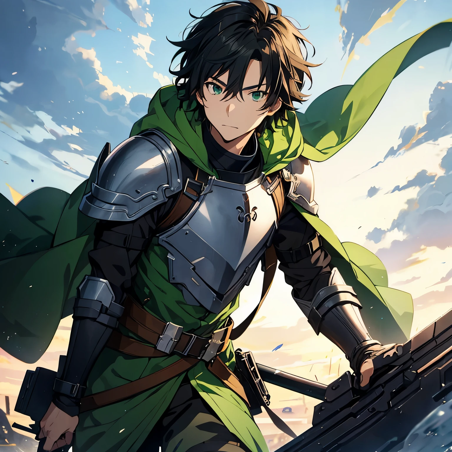 "naofumi Iwatani" from the anime "shield hero", He has messy black hair, armor, and a green cape.