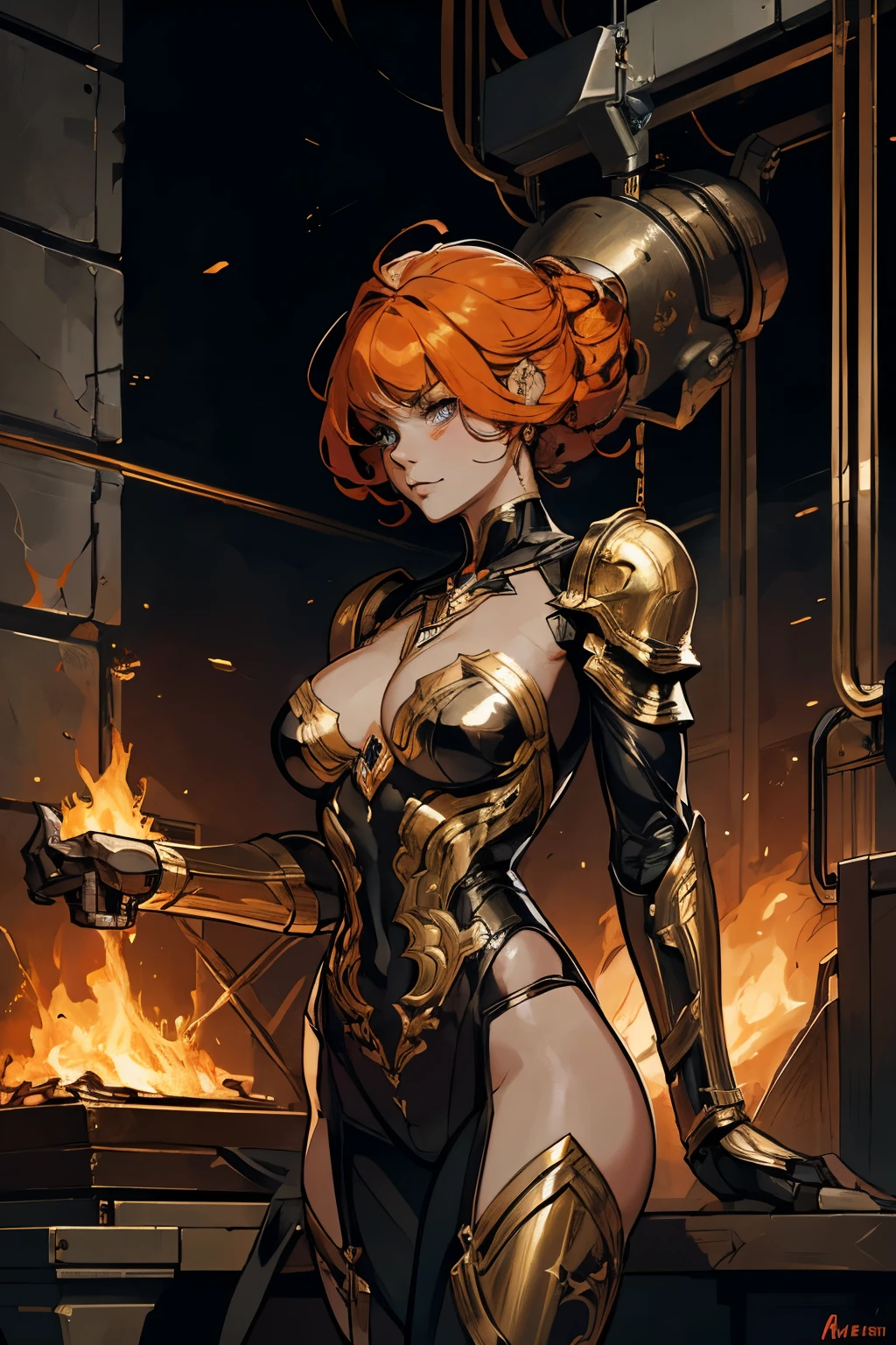 golem, Automaton, robot, 1 girl, flaming hair, athletic, тело из Metalа, Metal, bronze, arms and legs, 2 hands, 2 legs, из Metalа (Best quality), (fantasy) (best face)