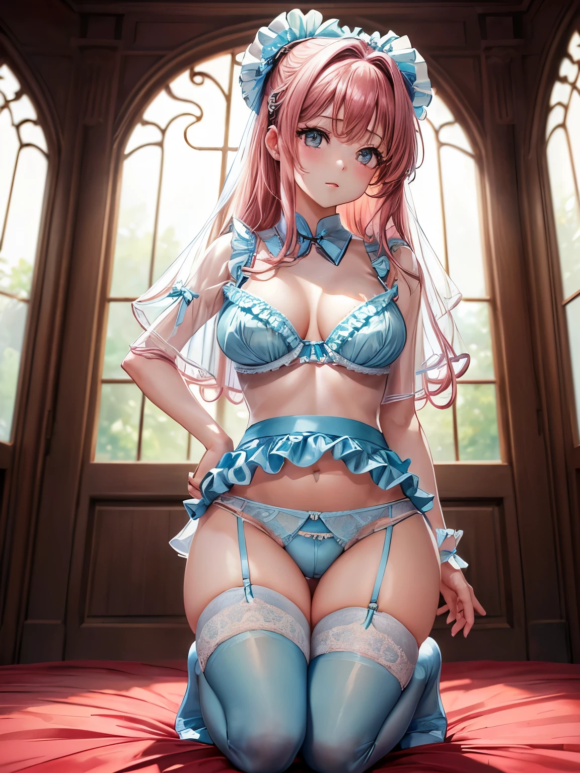 girl turning around, ((highest quality)), (super detailed), (very detailed CG 統合 8k 壁紙), very detailed, High-definition RAW color photo, professional photography, ((beautiful big breasts)), ((bare chest)), (pink hair ornament), peanut butter brown hair, wonderful face and eyes, , (amazingly beautiful girl), School, (see-through sheer micro bra:1.6), (Shiny light blue satin panties with fine ruffles:1.3)、panties that cover the butt、garter belt、knee high socky back is turned、showing your butt、Angle from the back、kneeling
