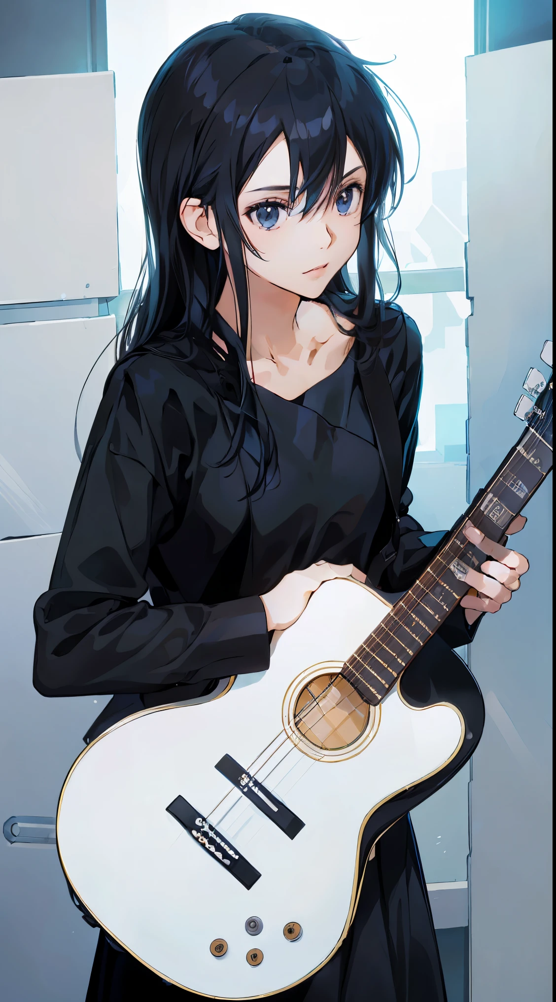 28 years old、black hair messy hair、precision 6 string acoustic guitar:1.2、Anatomically correct fingers、acoustic guitar、Only 1 guitar、Please look straight ahead and sing、(Turn your face forward:1.2)、Ballet costume female Kirito,long hair,white silk