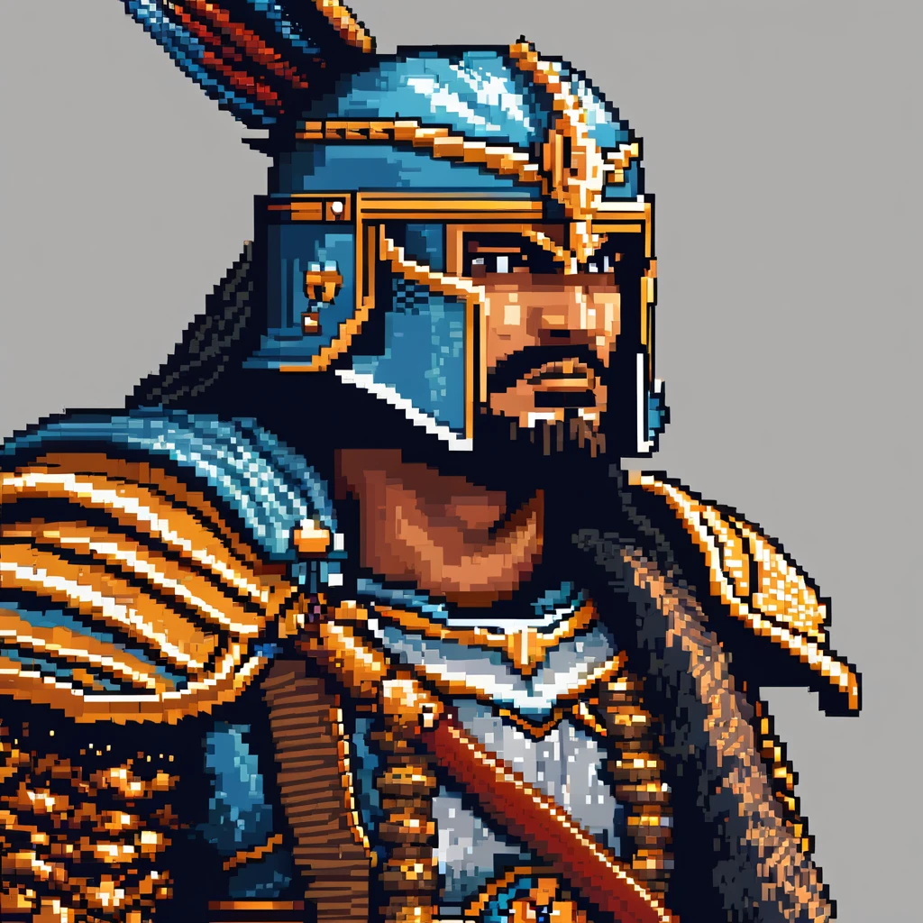 Pixel Art, Pixel art portrait of an ancient warrior, full armor, detailed pixel shading, emotive eyes, #realistic metallic textures, DSLR quality with a vintage pixelated feel, Nikon D, Wide angle lens HD 2D Pixel Art :: Pixel style :: Pixels