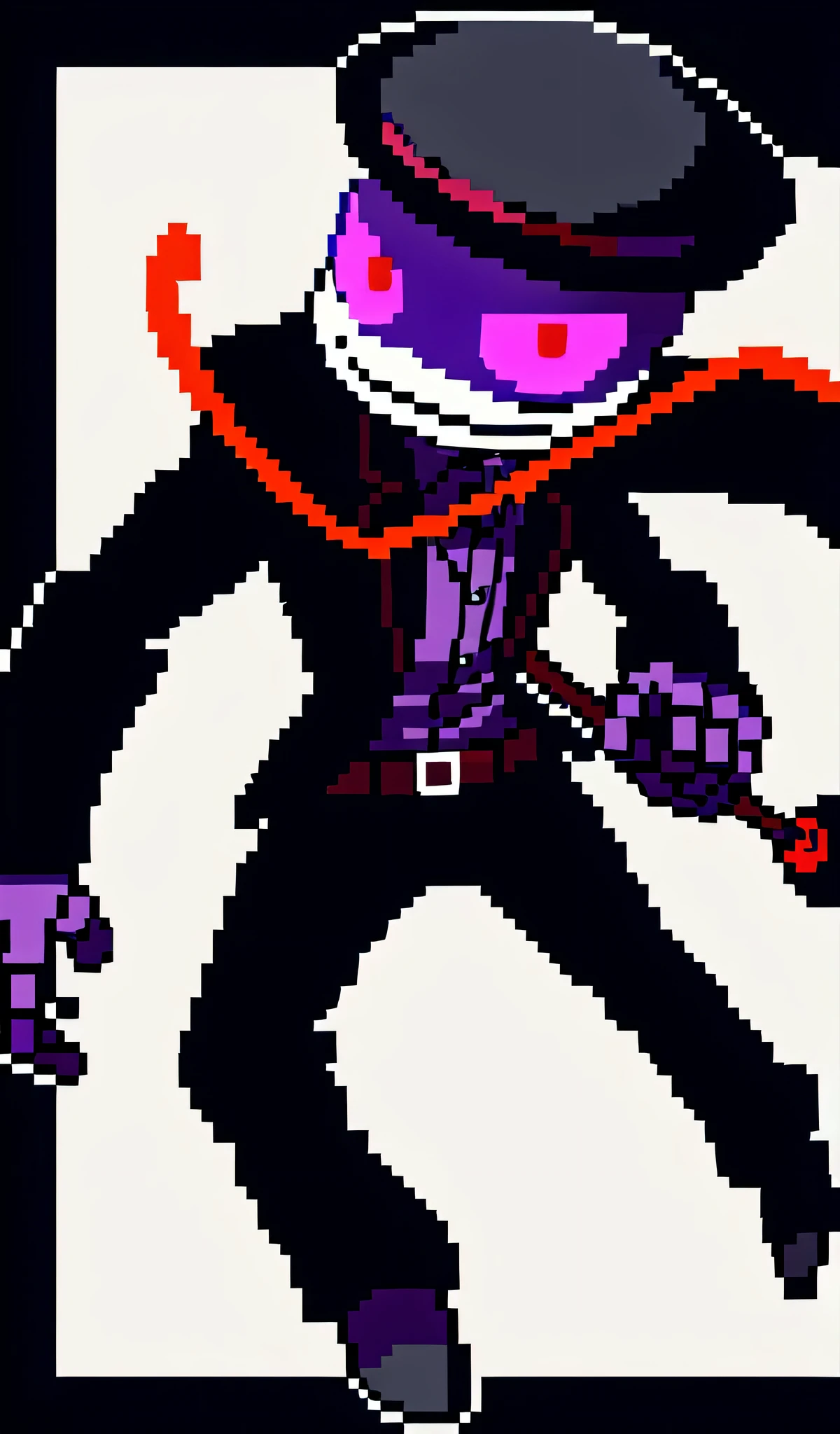robot chief doctor, petits yeux rouges, Petit visage, gants violets, grand chapeau melon noir, canne rouge, Costume noir, Tout le corps, Style Pixel-Art, conception de pixel art, lisse, corps mince, contour noir, conception effrayante, No background, sprite de feuille