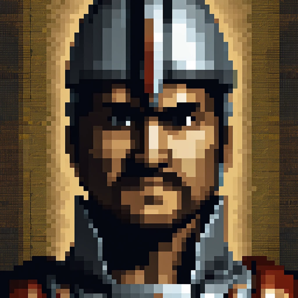 Pixel Art, Pixel art portrait of an ancient warrior, full armor, detailed pixel shading, emotive eyes, #realistic metallic textures, DSLR quality with a vintage pixelated feel, Nikon D, Wide angle lens HD 2D Pixel Art :: Pixel style :: Pixels