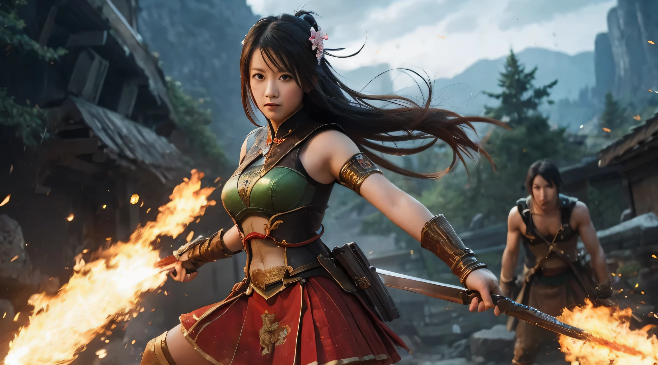 Guan Yinping,flame，Qinglong，gun，fighting stance, Serious, black hair, brown eyes, hair accessories, hair flower, Green roof, looking at the audience, forest, Half body, holding card, black stockings, eternal, 上Half body