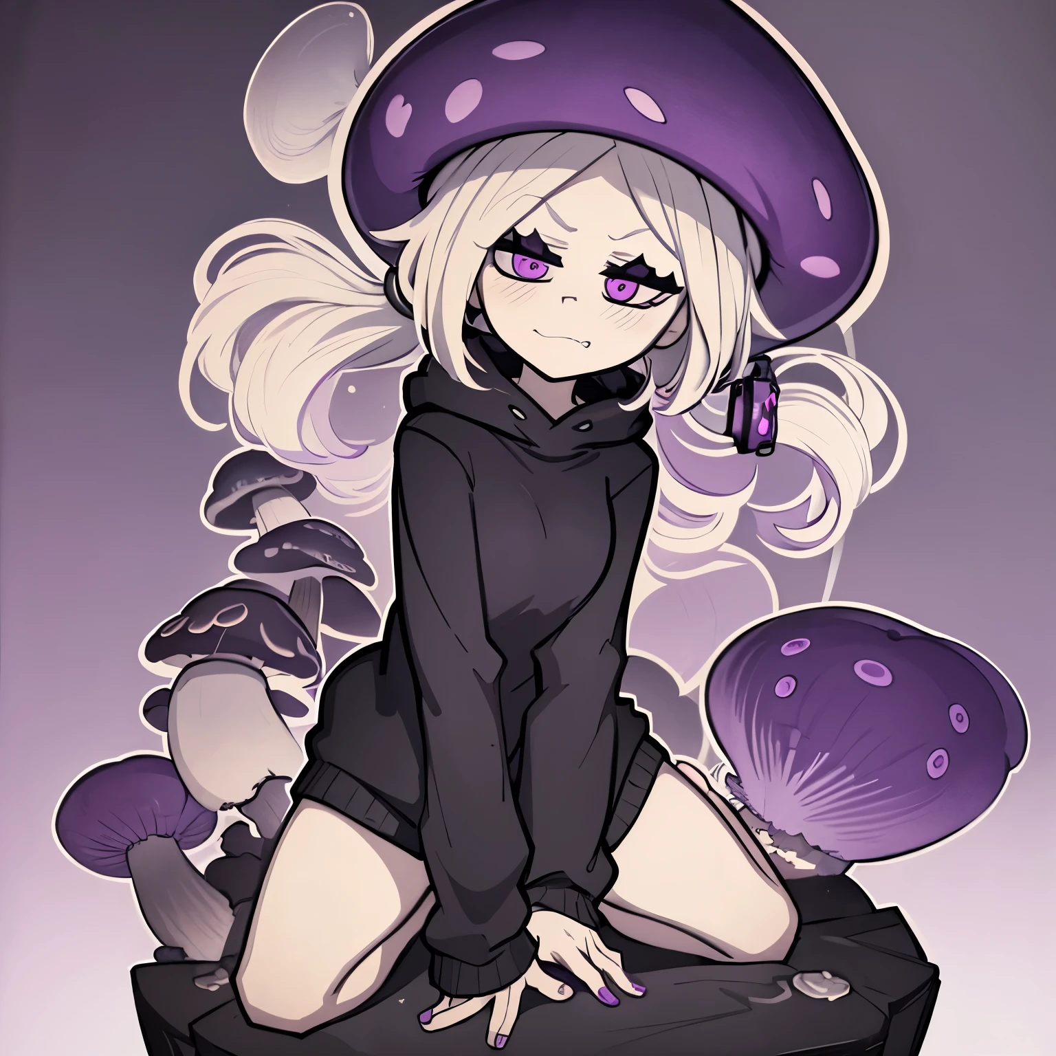 masterpiece,best quality,high quality, best quality, 4k,8k,up close,1girl,solo,crossed bangs, purple eyes, purple mushroom hat, mushroom girl, black hoodie,cutemonochrome,tcoaal,,white outline,
light blonde hair.smug face