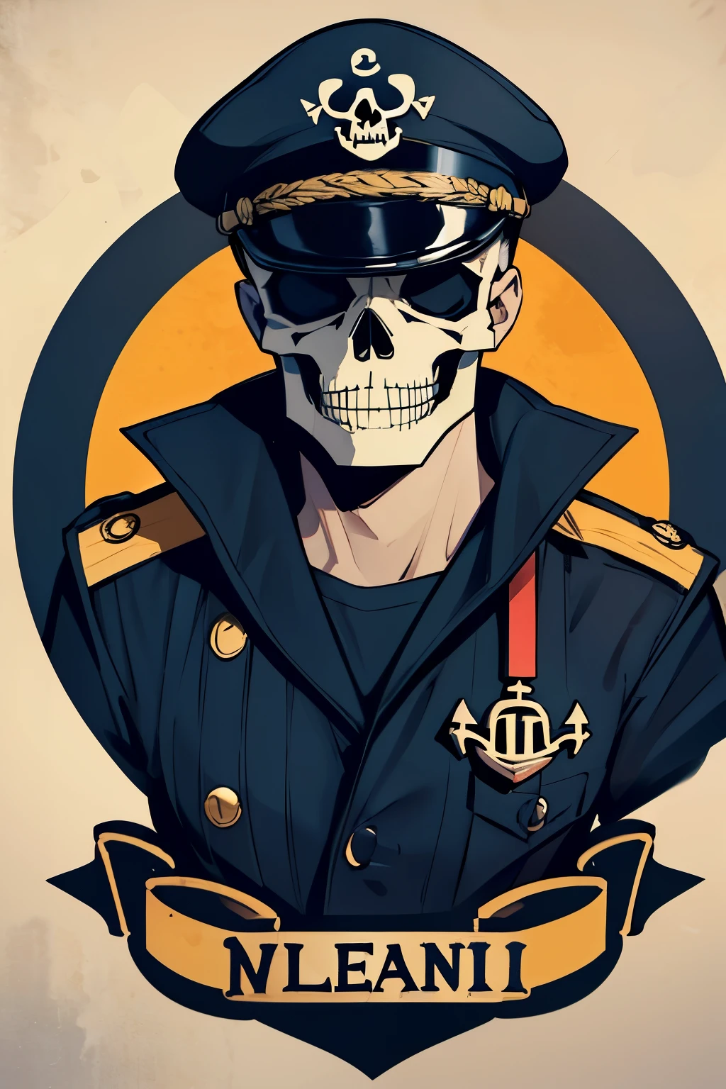 Skeleton character of medium height, military hat with a skull, black military clothing, Good friend