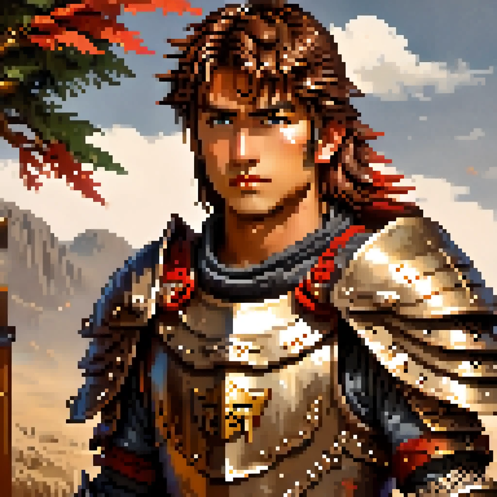 Pixel Art, Pixel art portrait of an ancient warrior, full armor, detailed pixel shading, emotive eyes, #realistic metallic textures, DSLR quality with a vintage pixelated feel, Nikon D, Wide angle lens HD 2D Pixel Art :: Pixel style :: Pixels
